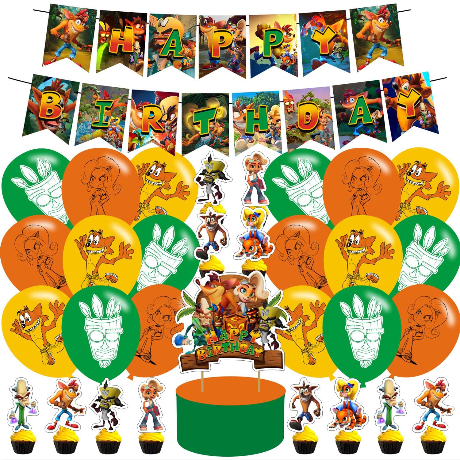 Crash Bandicoot Birthday Party Decoration, Banner, Cake Topper and Latex Balloons for Movie Party Supplies