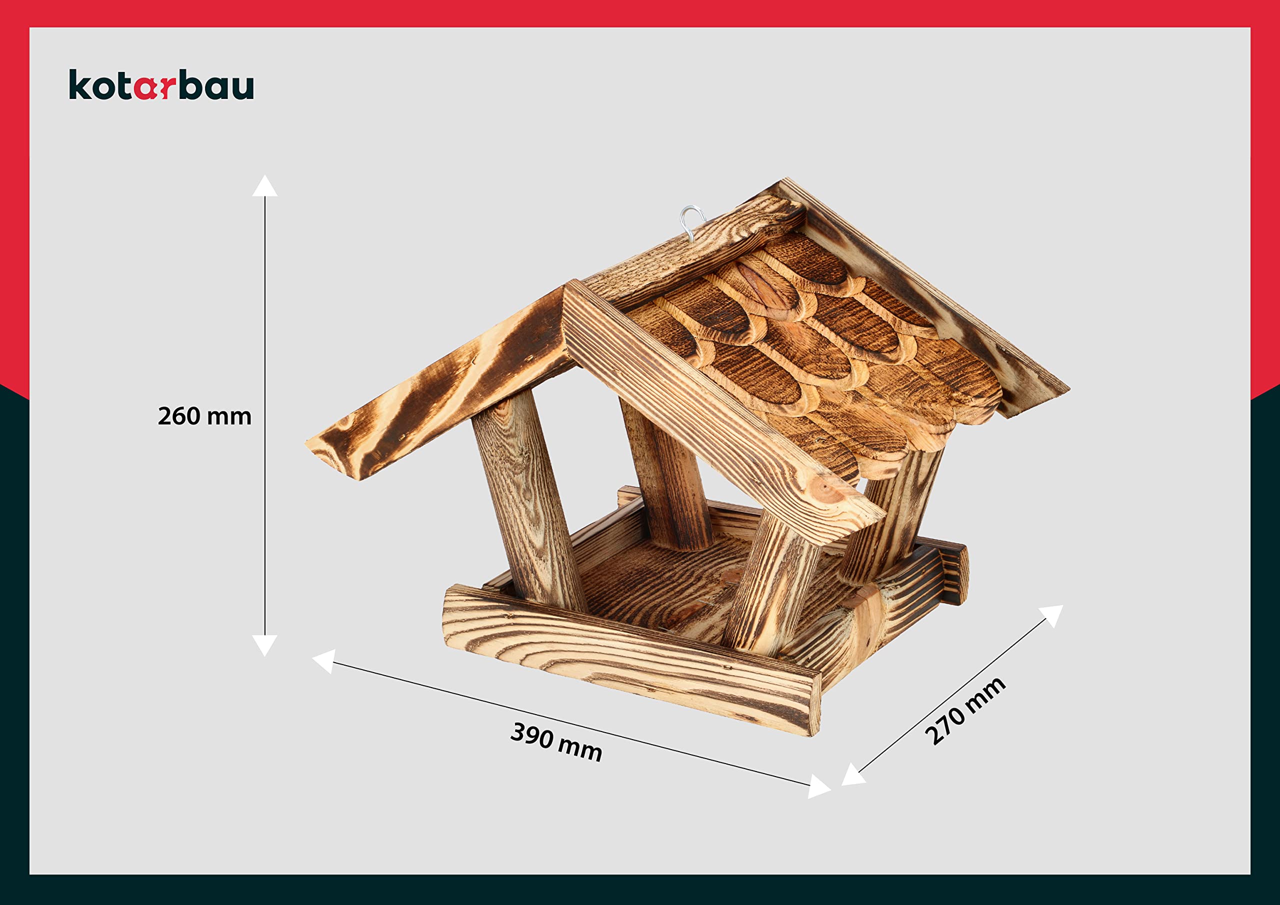 KOTARBAU® Comedero para Pájaros - Madera Quemada Clara - 39 x 27 x 26 cm - Marrón - Comedero Colgante para Pájaros Silvestres Exterior - Jardín Terrazal