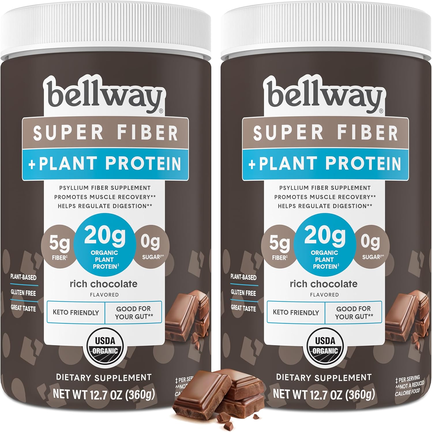 Bellway Super Fiber + Protein Powder (paquete de 2), suplemento de fibra de psyllium orgánico sin azúcar con 0.71 onzas de proteína vegetal por