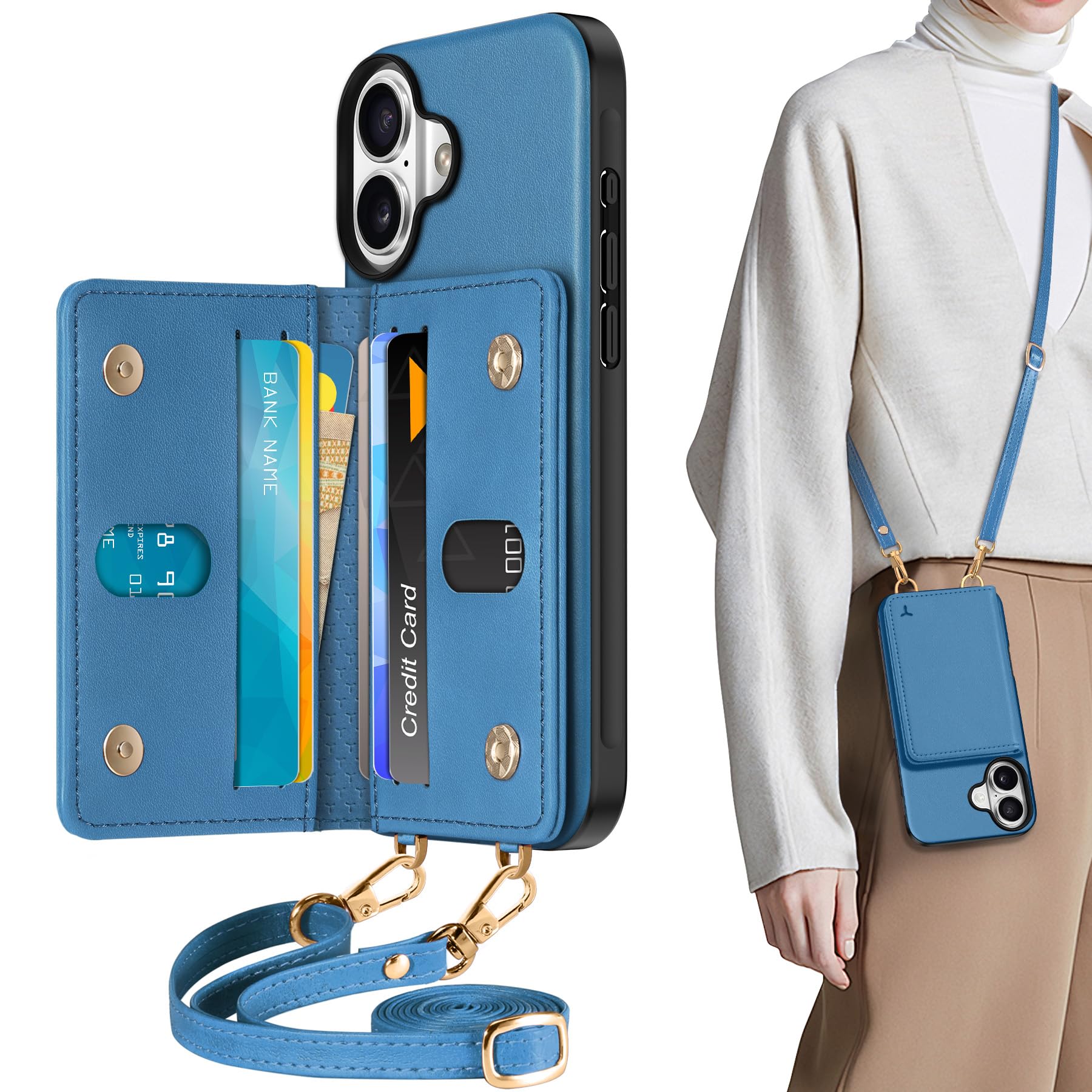 TUCCH Crossbody Case Wallet for iPhone 16, [Detachable Adjustable Lanyard Strap] PU Leather Magnetic Folio RFID Blocking [6 Card Slots], Protective