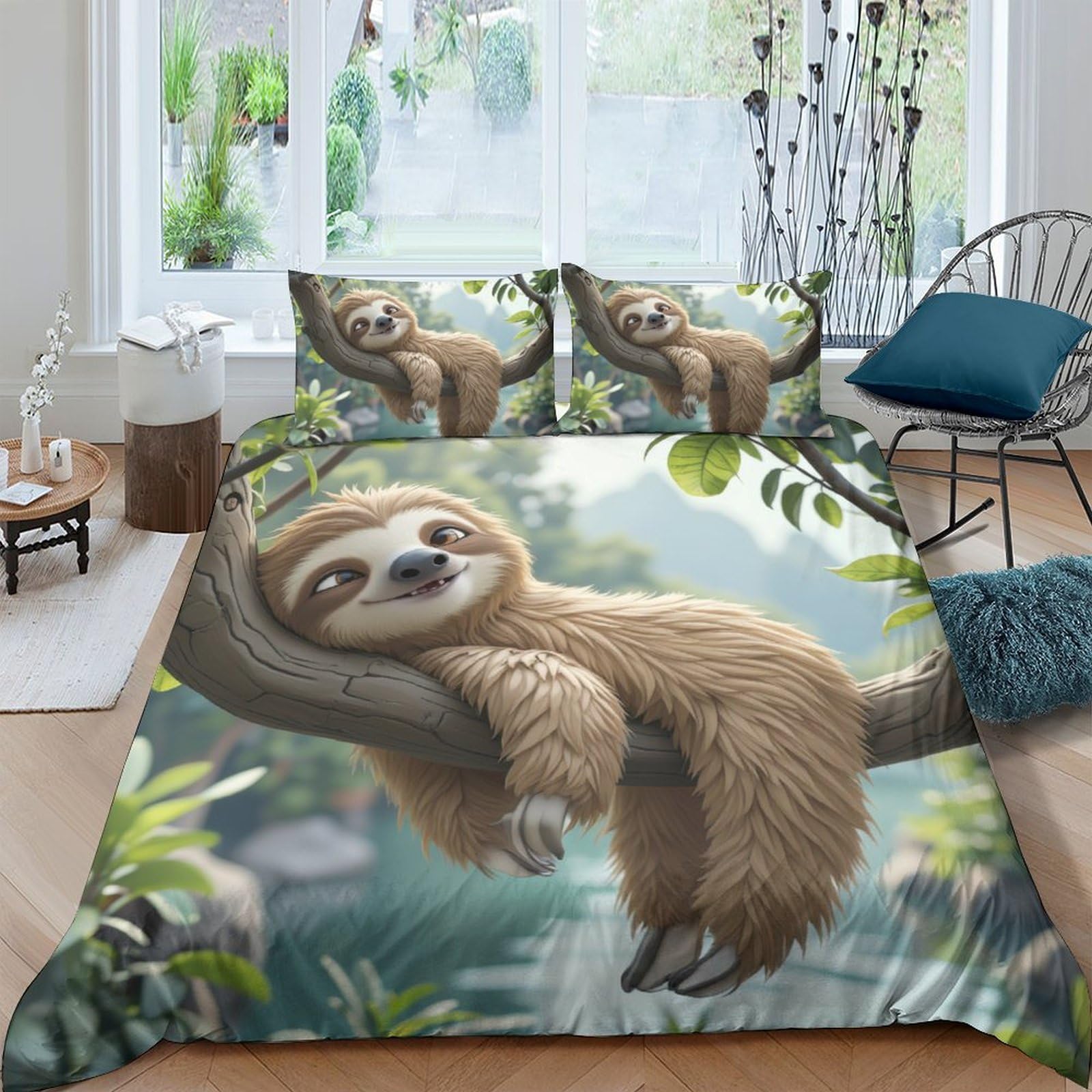 Ctjqhvkz Style-6 3D Printed Sloth Jungle Fitted Sheet Microfiber Soft Anti-Slip Forest Tree Bed Cover Bedroom Decor Single（135X200cm）