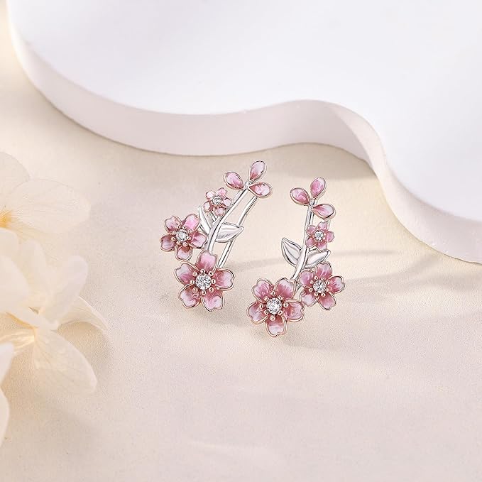 JERWLI Ohrkletterer Ohrringe mit Kirschblüten aus 925er Sterlingsilber