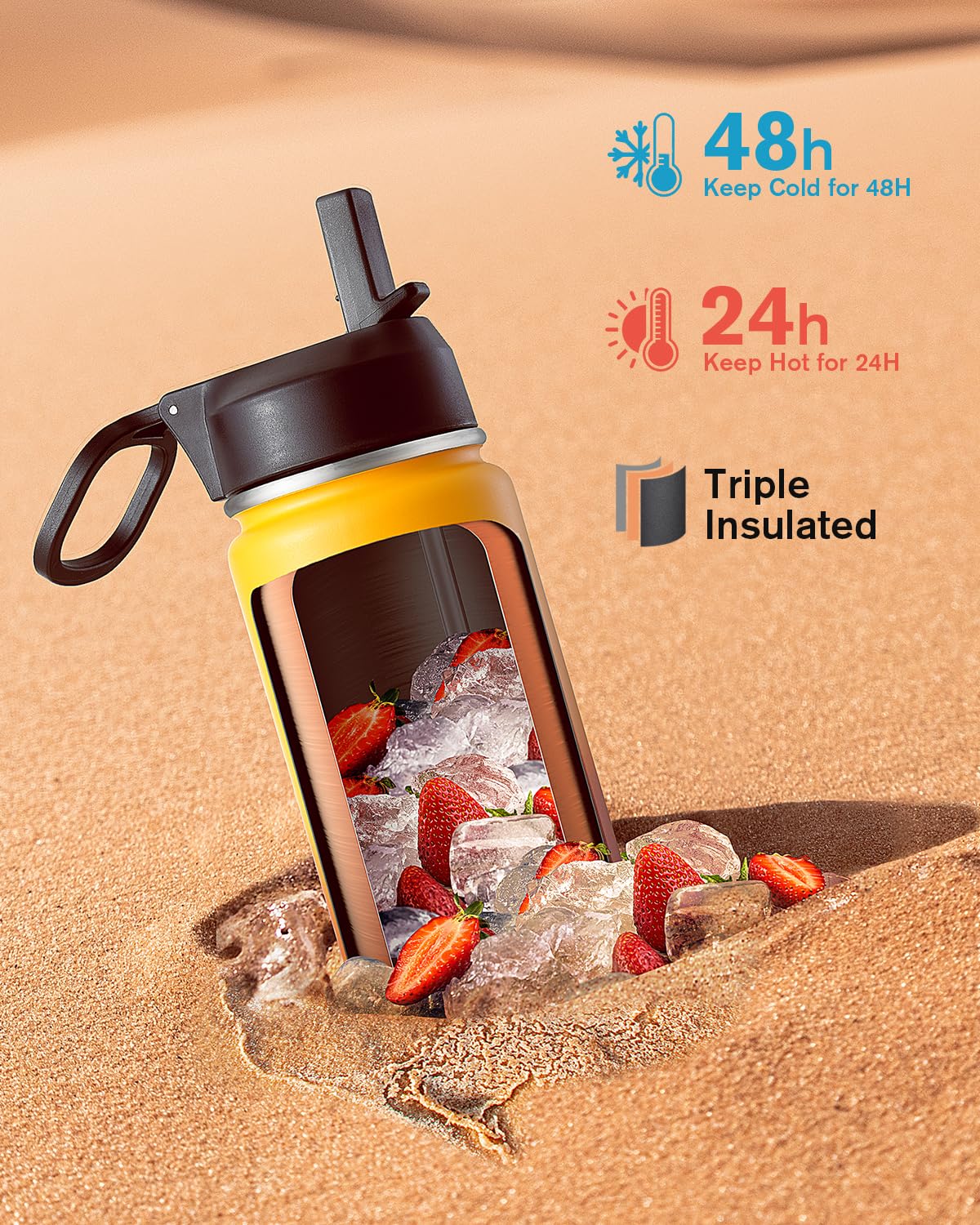 Coolflask Borraccia termica con cannuccia, in acciaio inox, con 3 coperchi, imboccatura larga, per sport o ufficio, senza BPA, mantiene il freddo fino a 48 ore o caldo fino a 24 ore, giallo/arancione