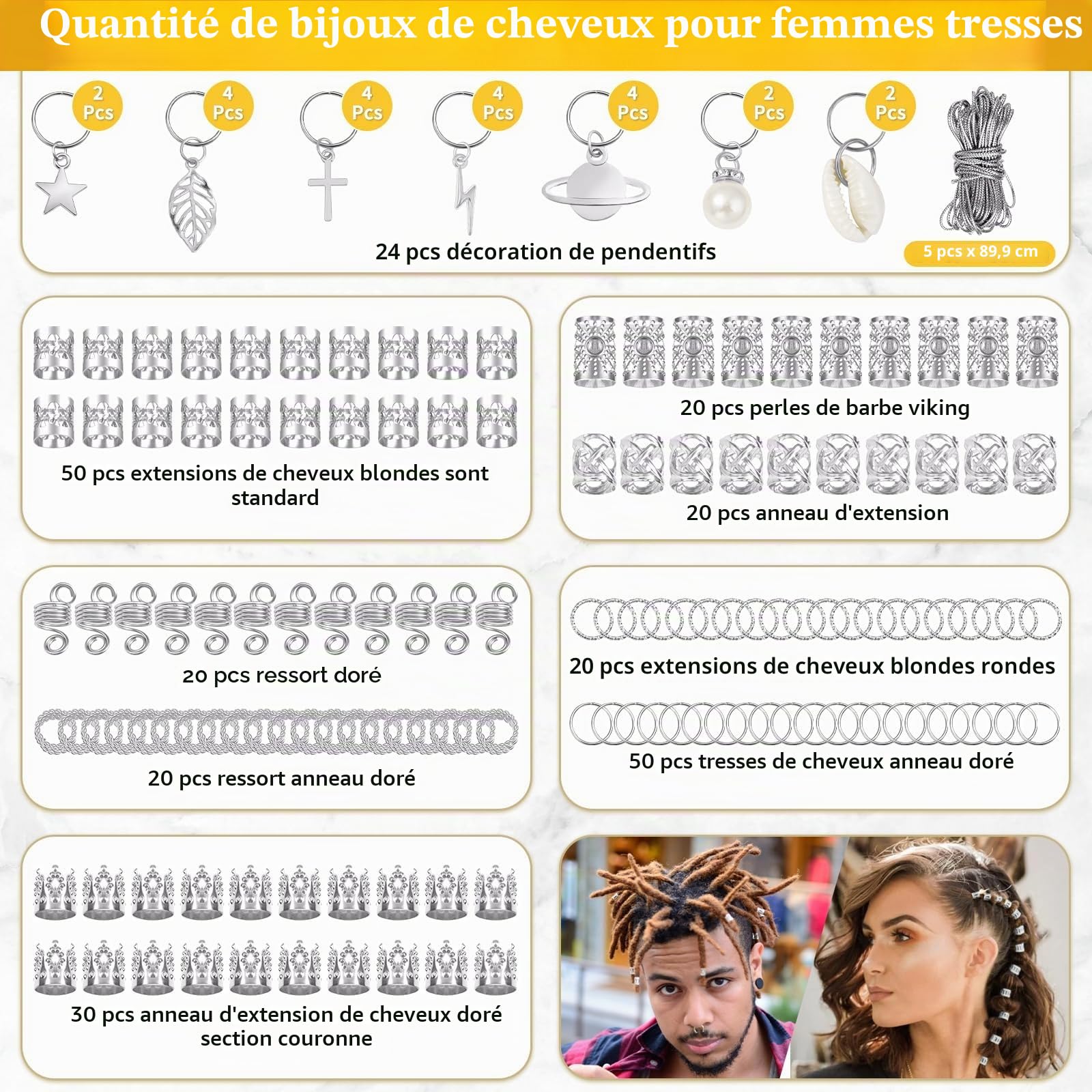 Lucomb Lot de 259 bijoux et accessoires de cheveux – Bijoux en argent, manchettes, clips, breloques, bagues pour tresses, dreadlocks et décoration de cheveux pour femme