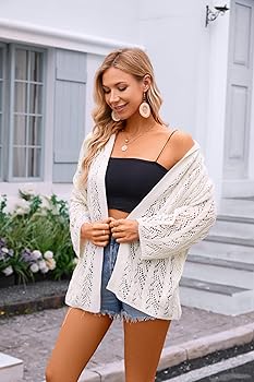 Yingkis Women's Lightweight Crochet Cardigan Sweaters Long