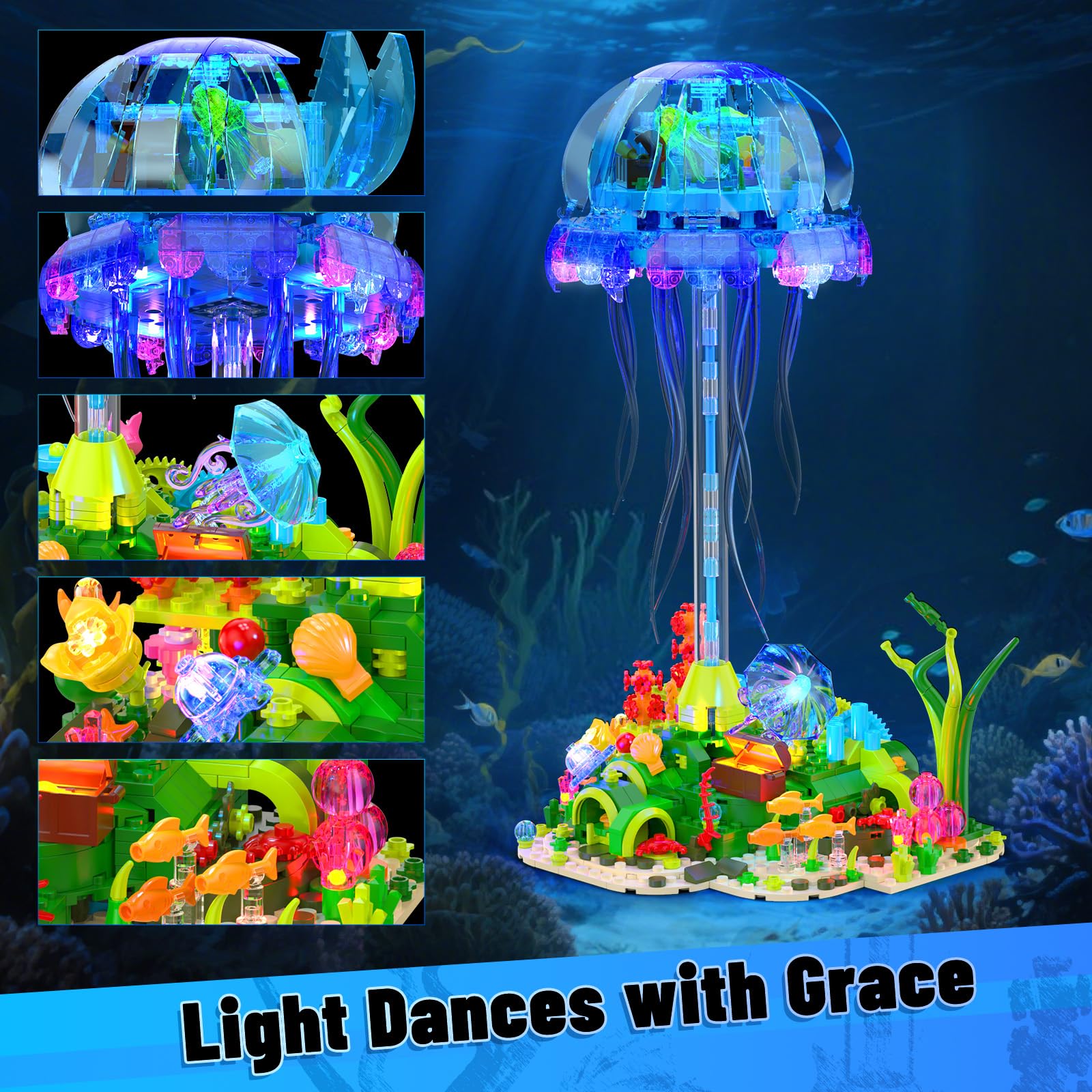 JMBricklayer Jellyfish Building Set with LED Lights, Ocean Animal Collection Toy, Floating Jellyfish Lamp, Sea Creature Display for Adults, Home & Office Decor, Creative Gifts for Boys Girls 14+