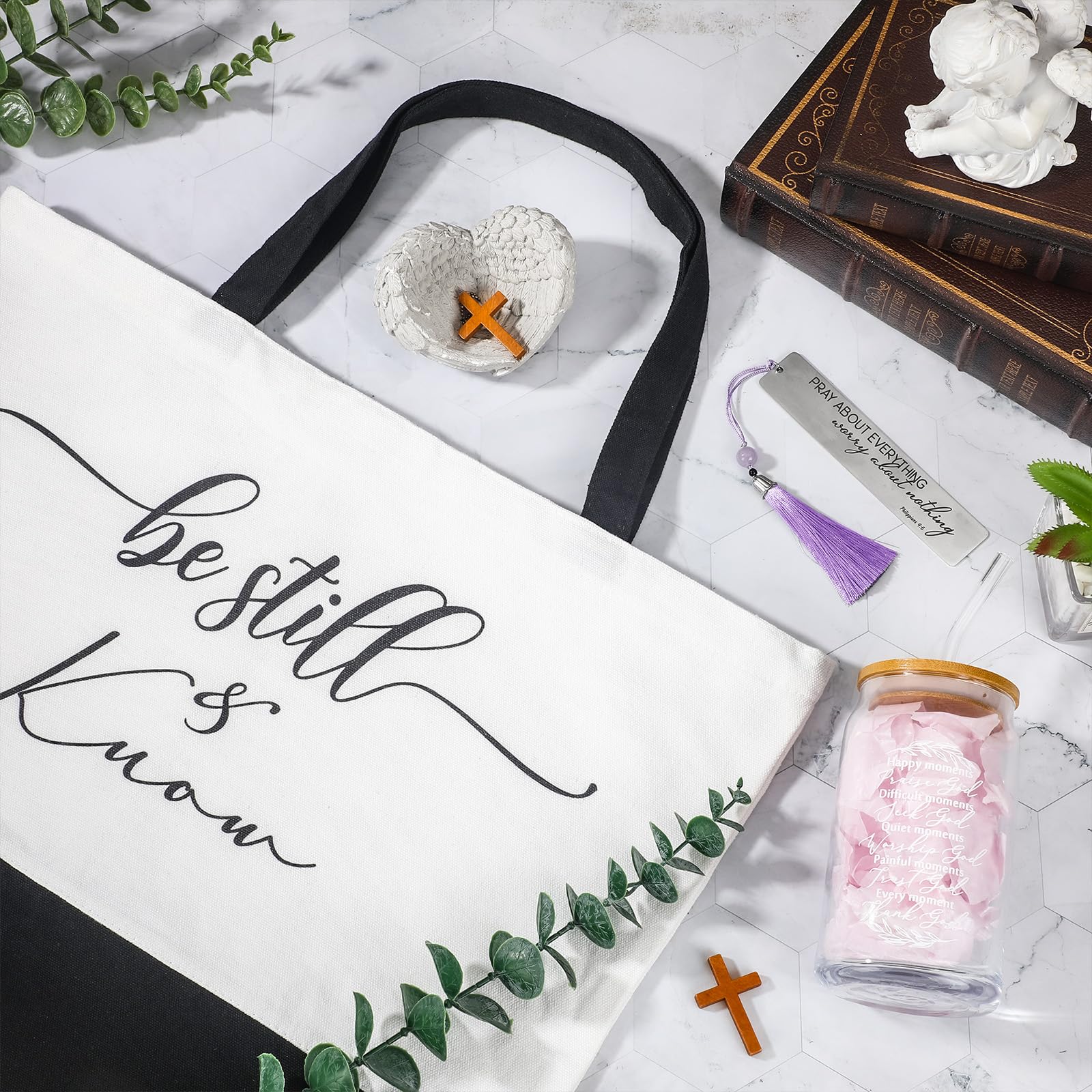 Hosuly 3 Pcs Mothers Day Christian Gifts for Women Set, Bible Verse Tote Bag, 16 oz Religious Glass Cup with Bookmark, Inspirational Faith Based Gift for Mom Sister Friend Birthday Church Gift