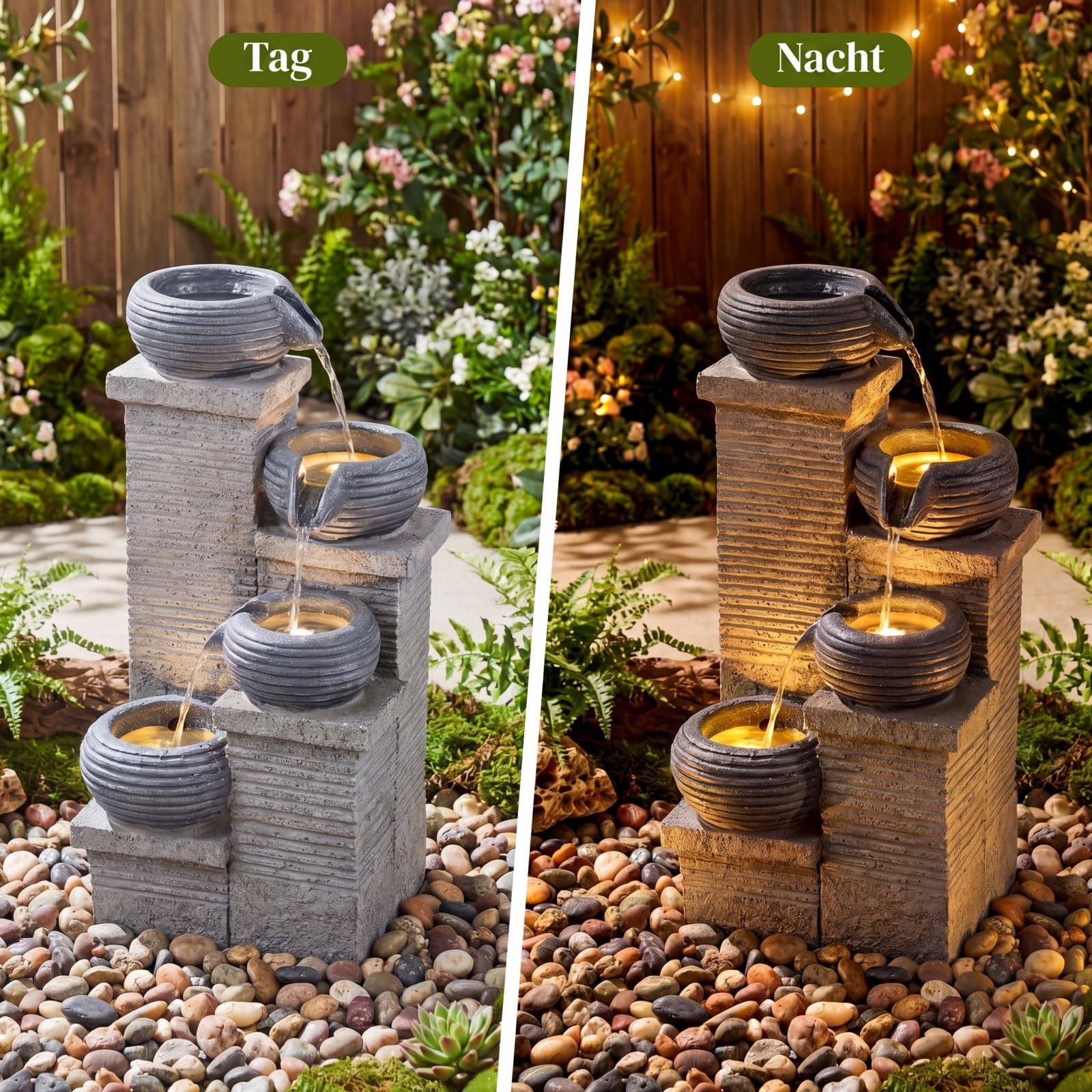 COSTWAY 4-stufiger Springbrunnen, Gartenbrunnen mit LED Beleuchtung & Pumpe, Kaskadenbrunnen Kunstharz, Steinoptik, Zimmerbrunnen draußen, Wasserfall Brunnen Garten, 28 x 22 x 58 cm