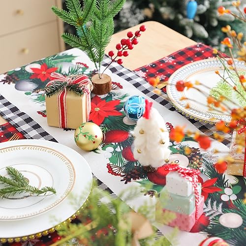 Miniatura 4 de Fixwal Camino de mesa de Navidad a cuadros de búfalo blanco y negro, 72 pulgadas, conos de pino, bayas rojas, decoración de mesa de invierno para el