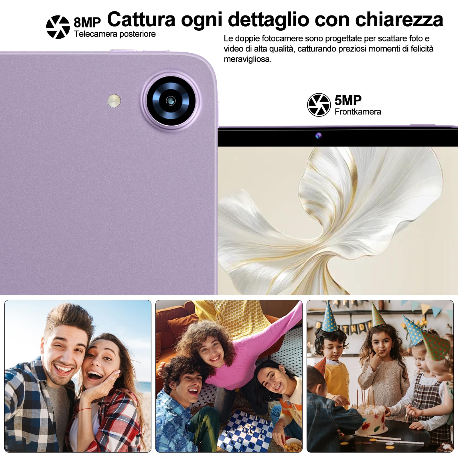 Tablet 10 Pollici Android 15 con Gemini AI, 22GB RAM+ 128GB ROM+2TB Esp., Widevine L1, Octa-Core, WiFi 6, BT 5.0, 6000mAh, Fotocamera 8/5 MP, con Tastiera, Mouse e Custodia, Corpo in Metallo, Viola