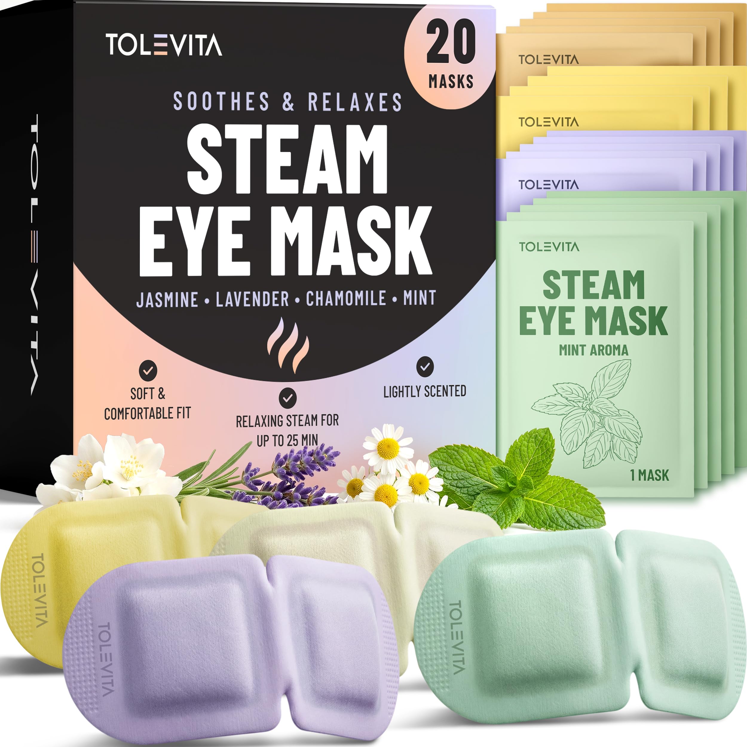 TOLEVITA Steam Eye Mask, 20 Pack Self-Heating Disposable Warm Eye Masks for Relaxation & Comfort, Lavender, Mint, Jasmine & Chamomile Aromas, Spa Sleep Mask, Travel Essentials 4 Aromas