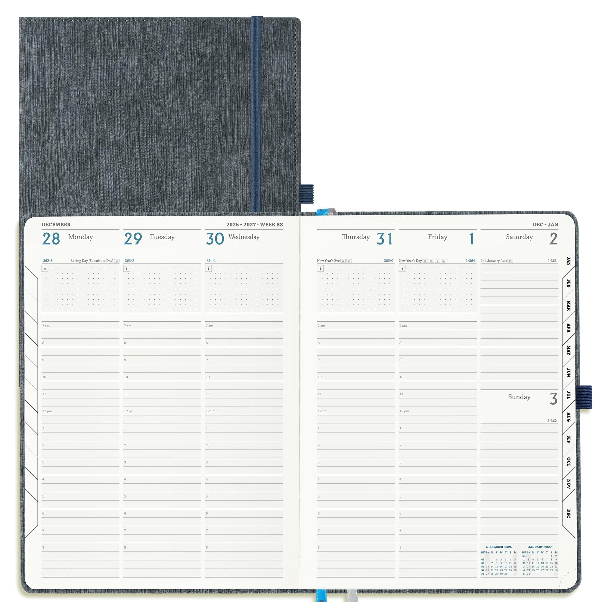 IN-LUXPRO Academic Diary 2026-2027 Week to View A4 Large(29x21.5 cm) 18 Months (Jul'26 - Dec'27) Mid Year Diary 26/27 Vertical Weekly Planner with Timeslots& Month Tabs, PU Leather Charcoal Gray