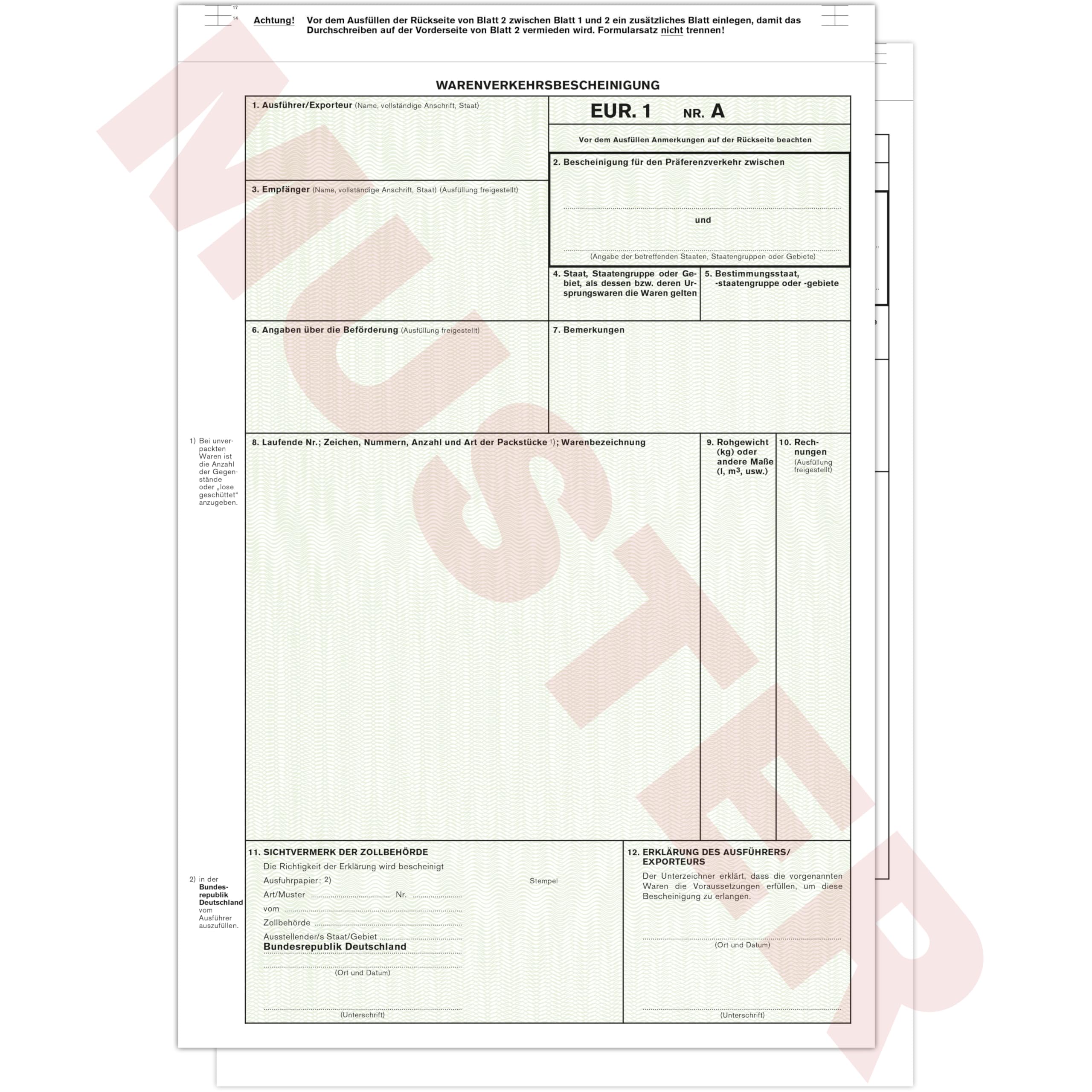 EUR.1 / EUR1 Warenverkehrsbescheinigung 2-fach selbstdurchschreibend als Trennsatz x 50 | DIN A4 + 18 mm Trennleiste am Kopf | Premium Markenqualität – Made in Germany