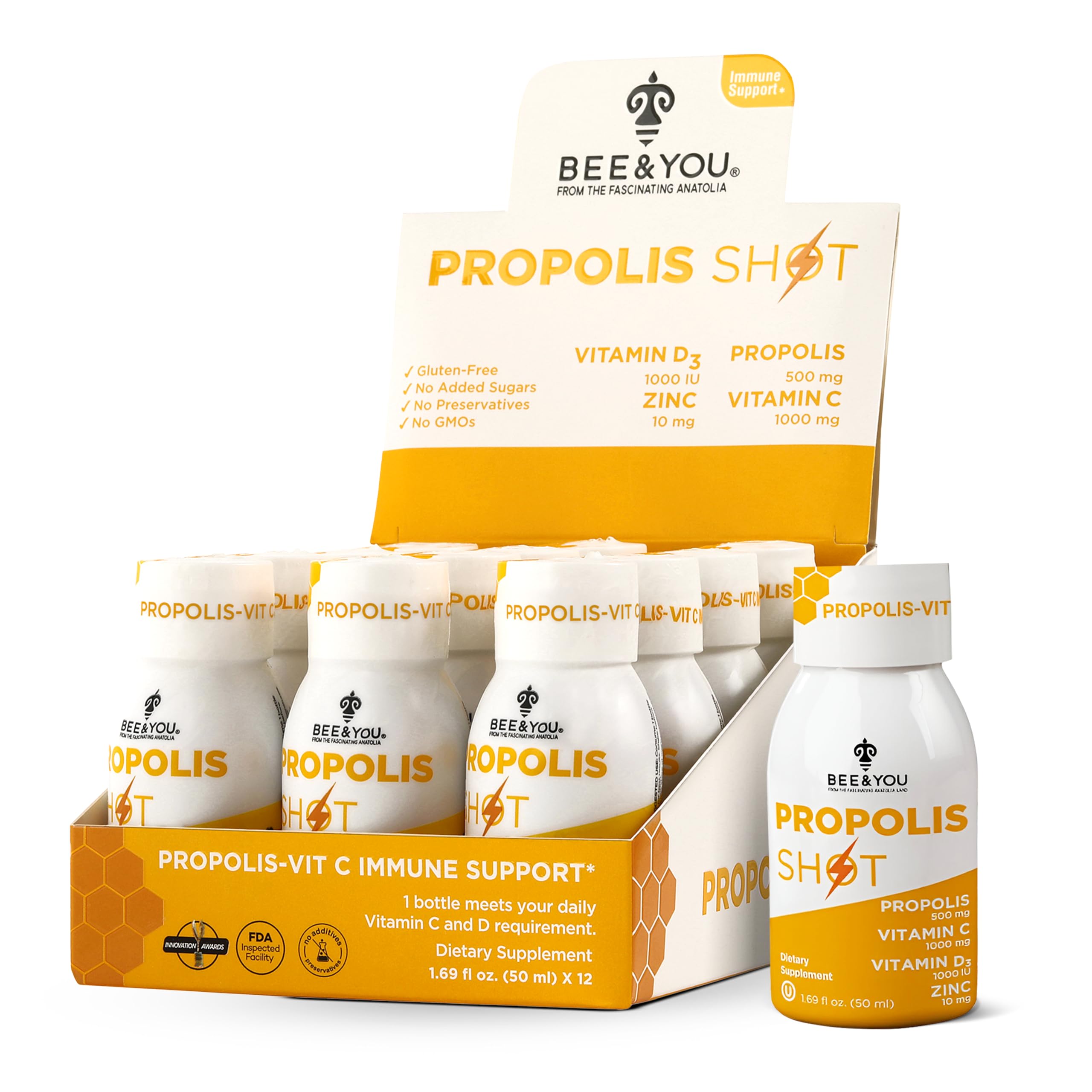 BEE and You Propolis Shot - Vitamin C, Vitamin D3, Zinc, Immune Support, Gut Health, Digestive Health, 50ml x 12 Pack