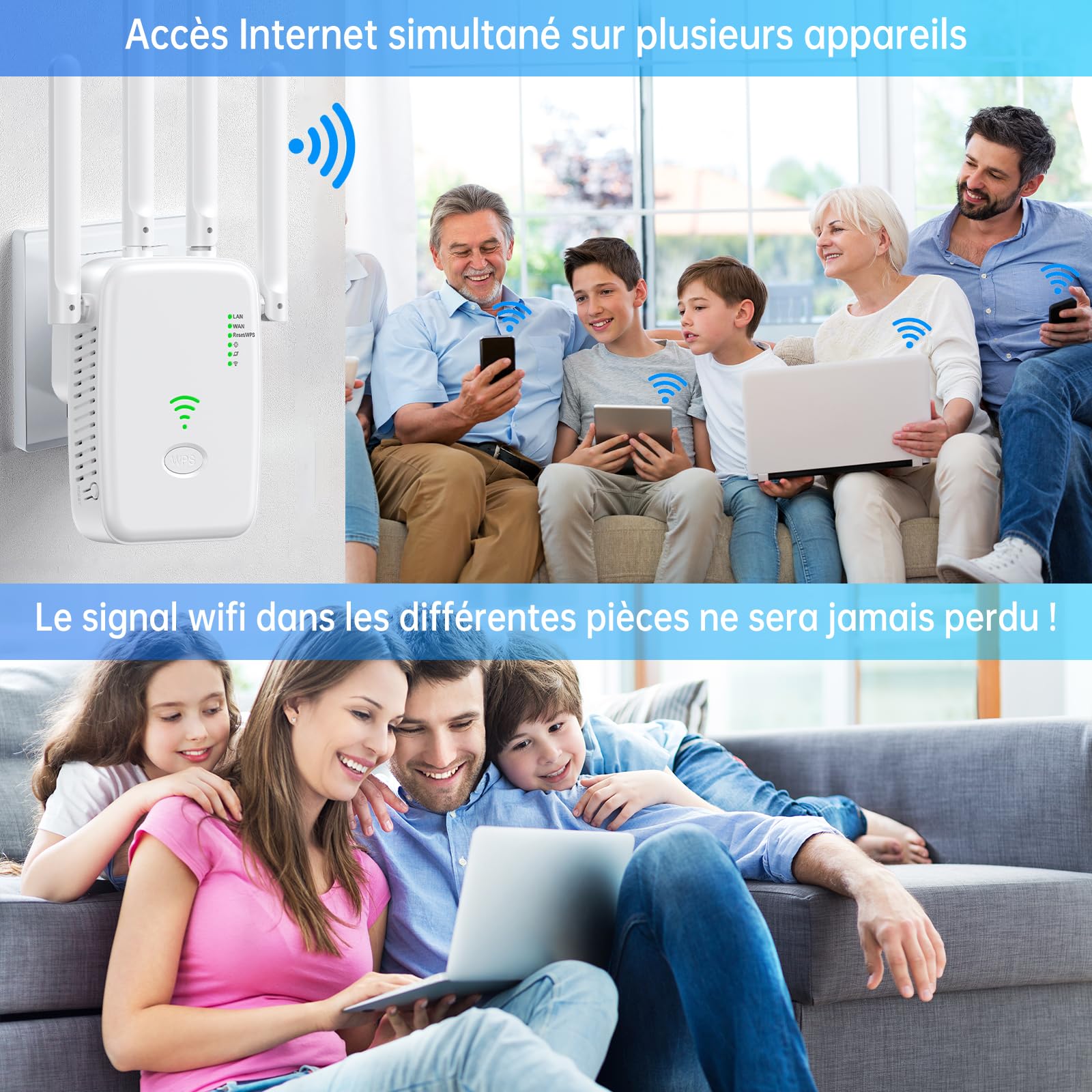 Répéteur WiFi Puissant 300Mbps,Amplificateur de Signal WiFi avec 4 Antennes, Mode AP/Repeater/Routeur,Port Ethernet,pour la Maison et Le Bureau, Installation Facile