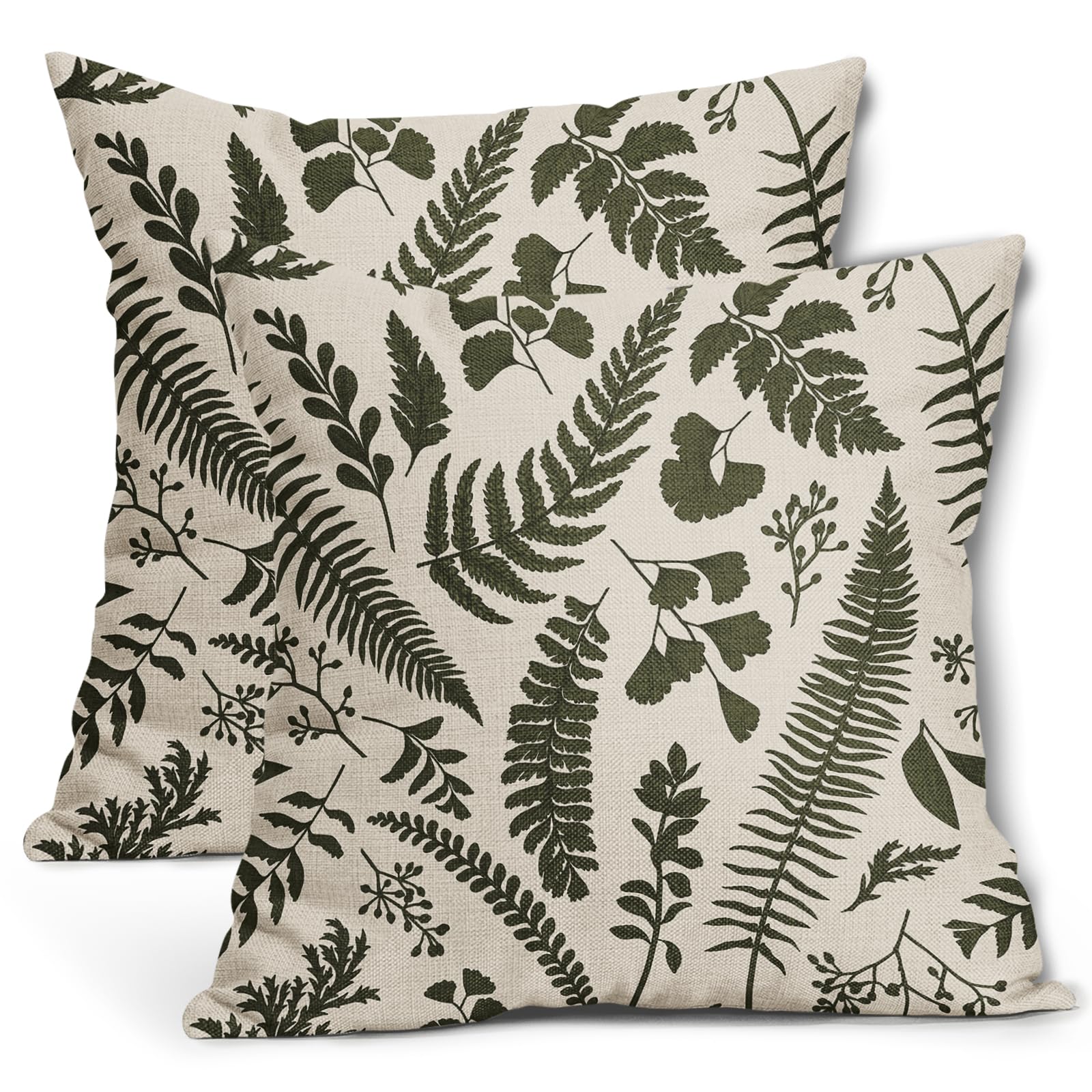 Olive Green Leaf Plant Pillow Covers 16X16 Inch Set of 2 Tropical Fern Herbs Botanical Leaves Floral Decorative Pillow Cases Vintage Cushion Case Farmhouse Home Decor for Couch Sofa Porch Outdoor