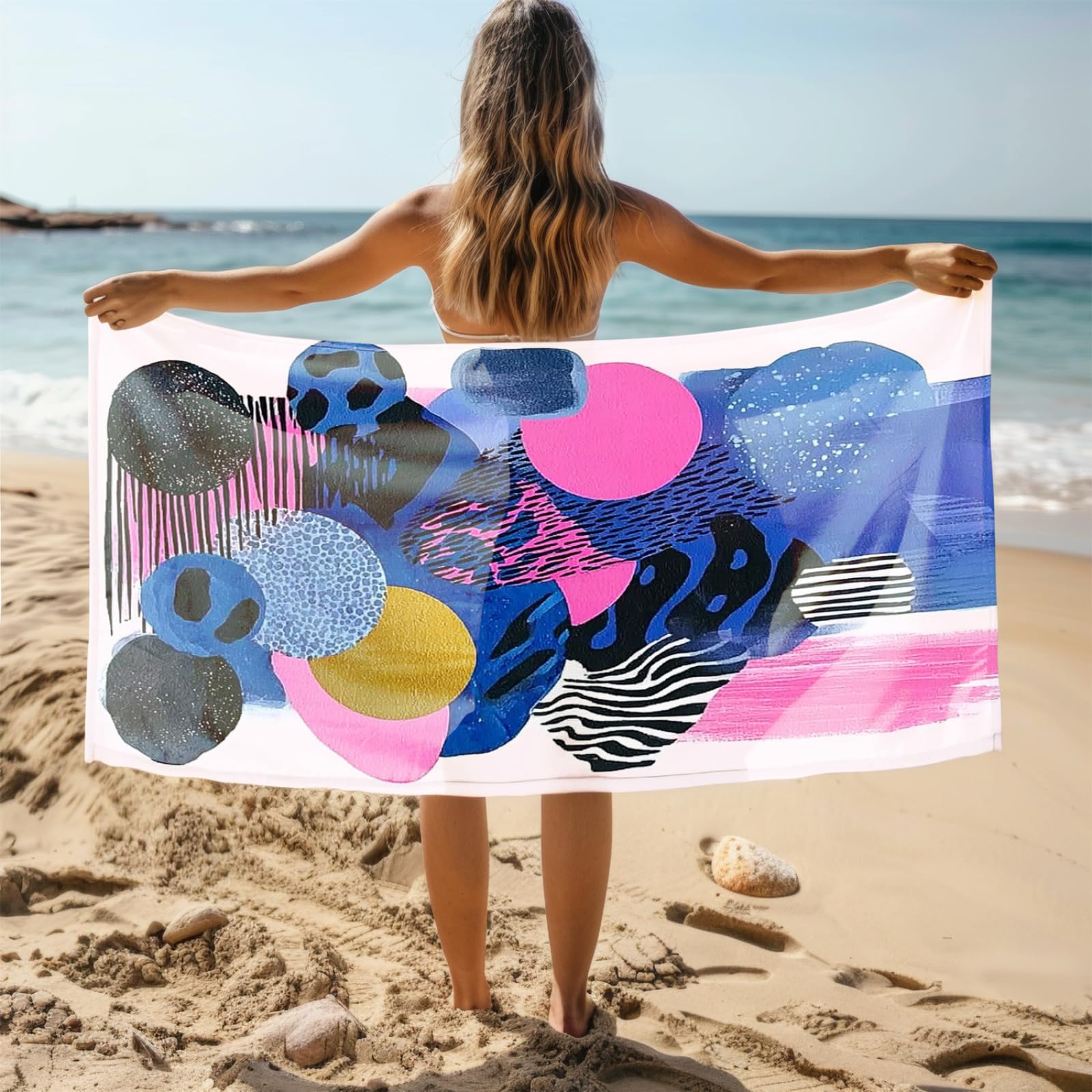 Genérico Toalla Playa 90X180 Azul Rosa Abstracto Grande Toallas de Playa Microfibra Ligera Secado Rápido Sin Arena para Mujer Hombre Viajes Vacaciones Natación Camping