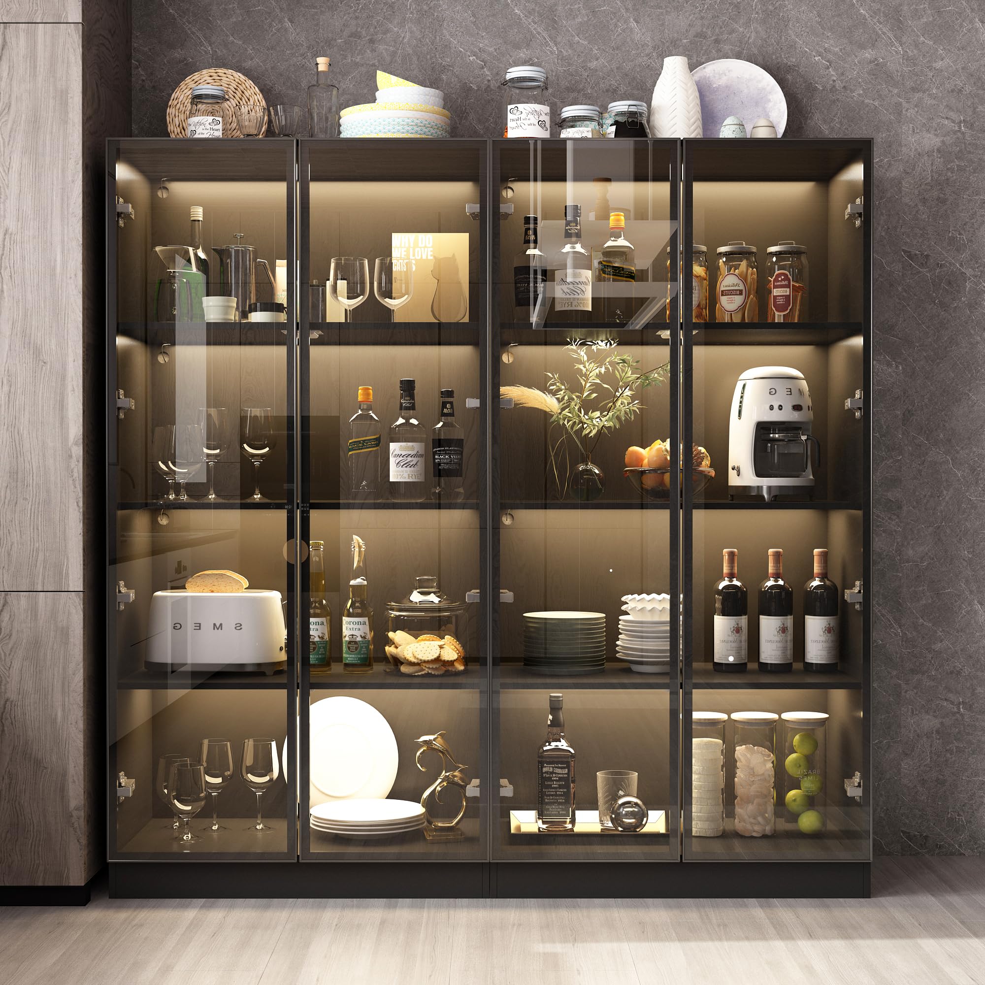 Buffet 180cm Pour Salon Couleur Gris Brillant Avec éclairage LED Multicolore Intégré Collection