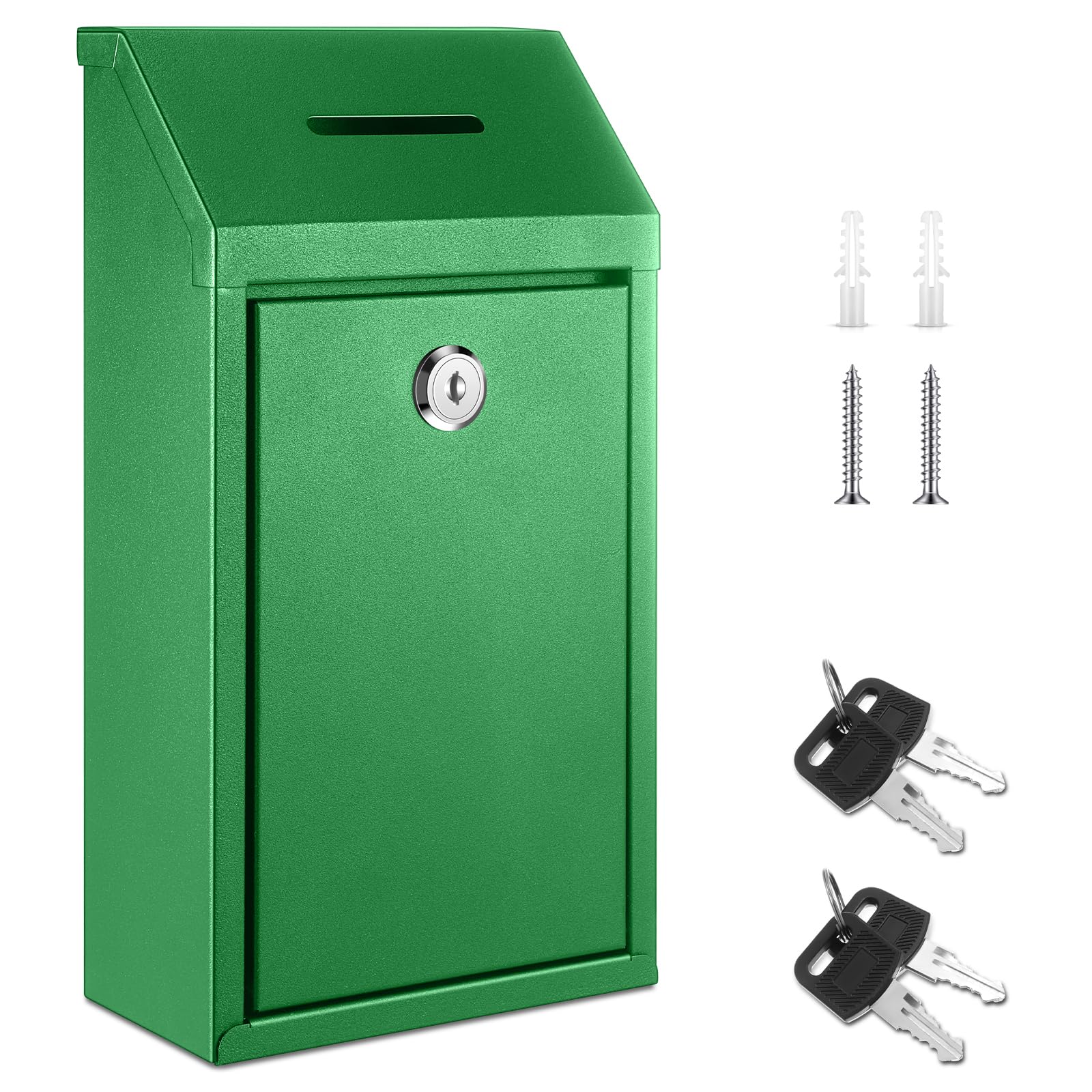 Yaocom Caja de metal para donación, caja de sugerencias segura con cerradura, buzón montado en la pared, contenedor de papeleta de entrega para casa, oficina, puerta al aire libre (verde brillante)