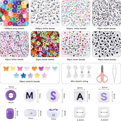 Miniatura 2 de QUEFE Juego de pulseras de cuentas de poni, 1900 unidades, 48 colores, kit de pulsera de amistad con cuentas Kandi de arco iris, cuentas de letras