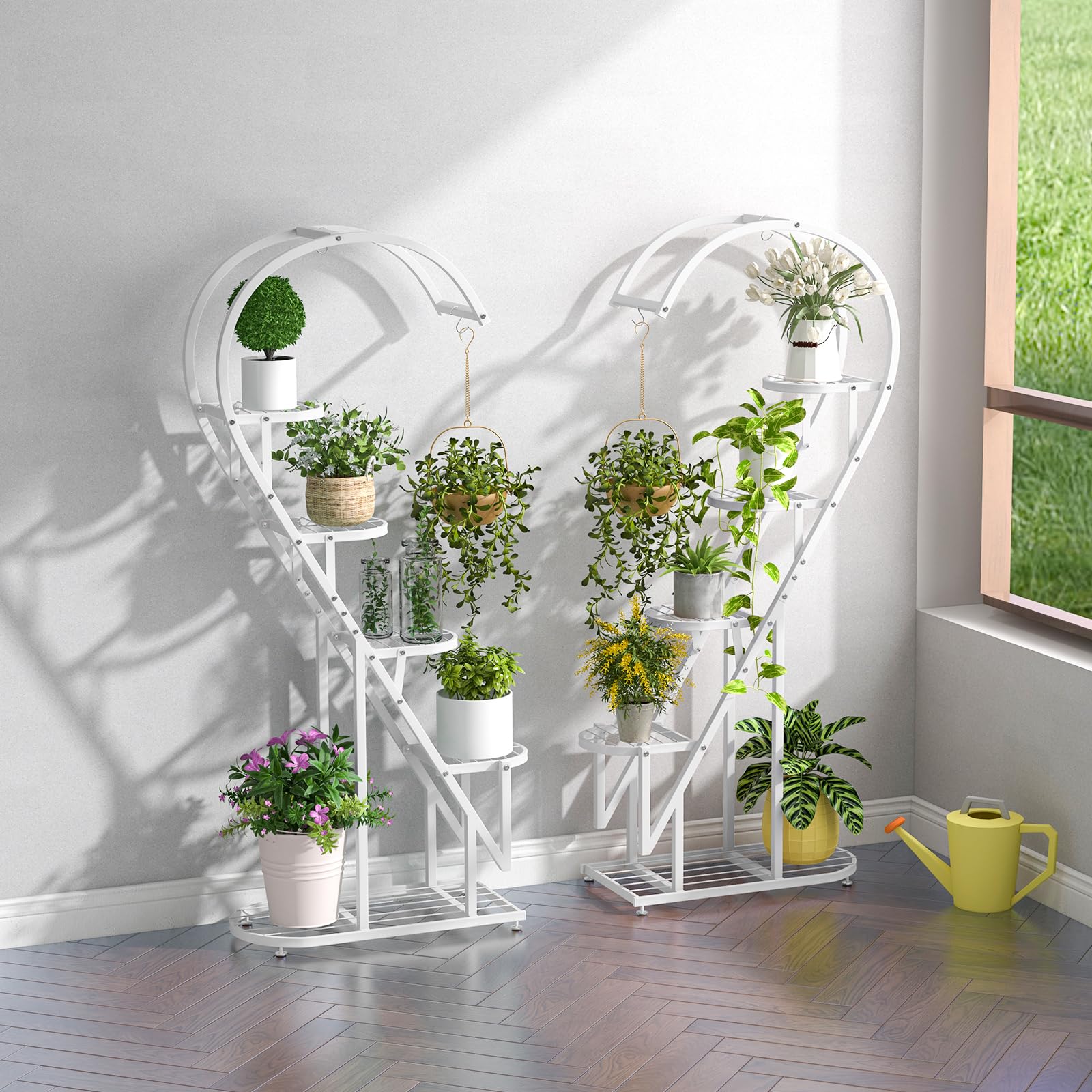COSTWAY 5-stufiger Metall Pflanzenständer Herzförmig, Blumenregal mit Haken, Leiter Pflanzenregal Kippschutz, Pflanzenleiter Blumenständer, für Garten Balkon Wohnzimmer (Weiß)