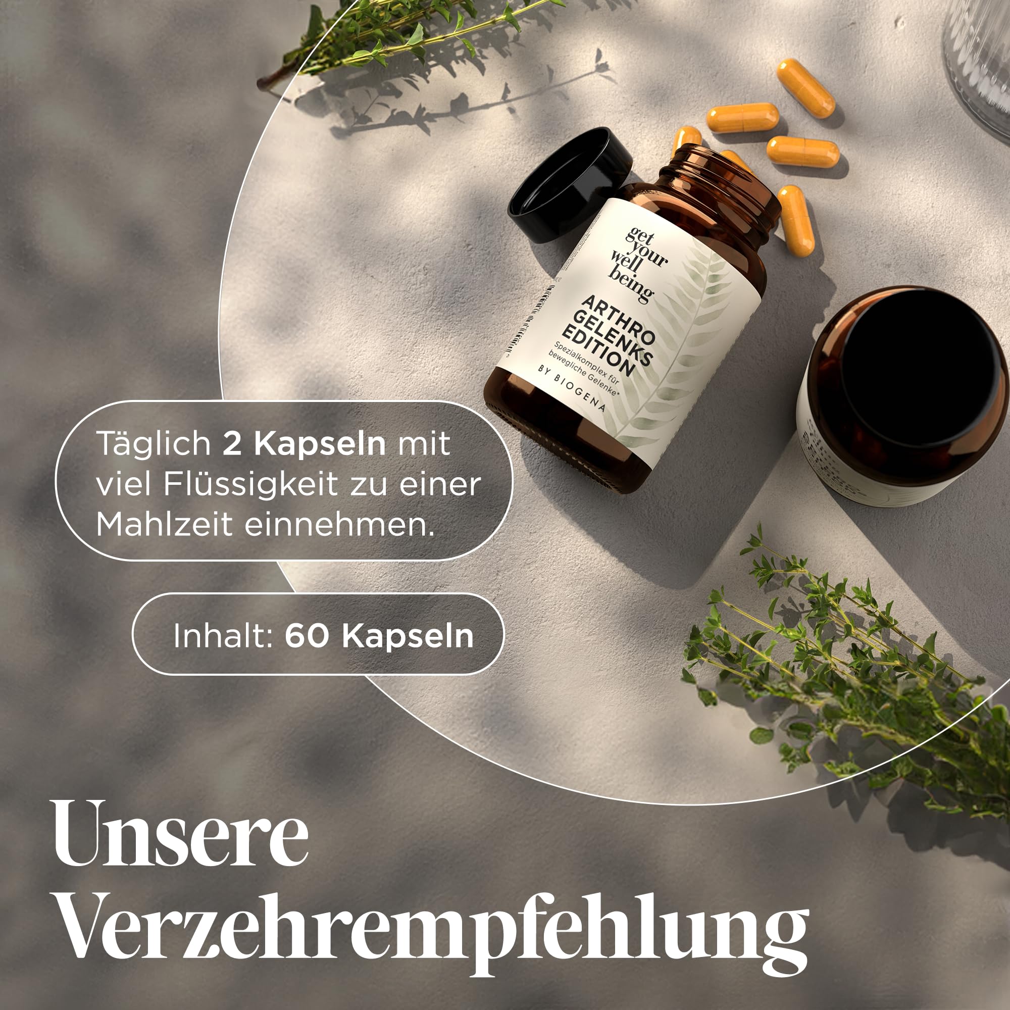 get your wellbeing by BIOGENA - Arthro Gelenk-Spezialkomplex - Gelenkkapseln mit MSM, Glucosamin, Vitaminen & Mineralstoffen - 60 Kapseln - Nahrungsergänzungsmittel vegan & konservierungsstofffrei