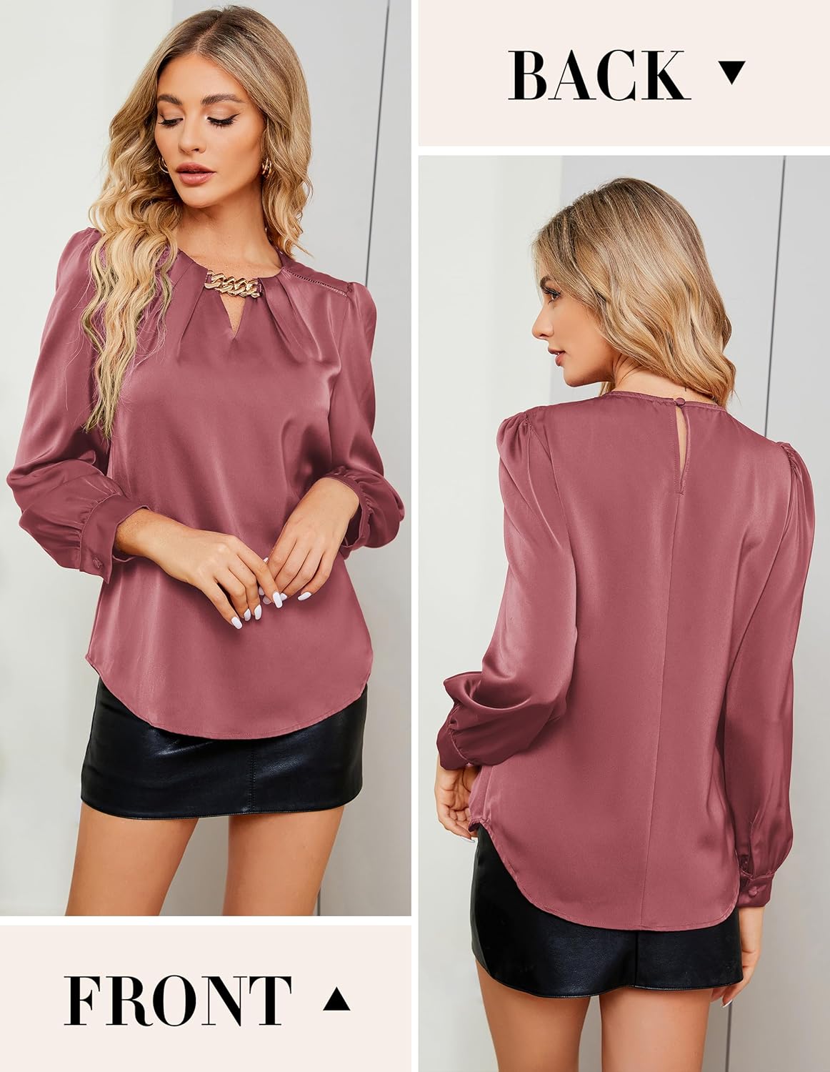 JASAMBAC Women's Satin Silk Blouses, Dressy Casual Long Sleeve Shirts, Trendy Business Work Tops Office Formal Spring Outfits - Image 2