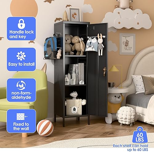 Miniatura 4 de JAORD 1 casillero de puerta para empleados con 2 tableros de clavijas y 2 estantes ajustables, armario de almacenamiento de metal con cerradura con