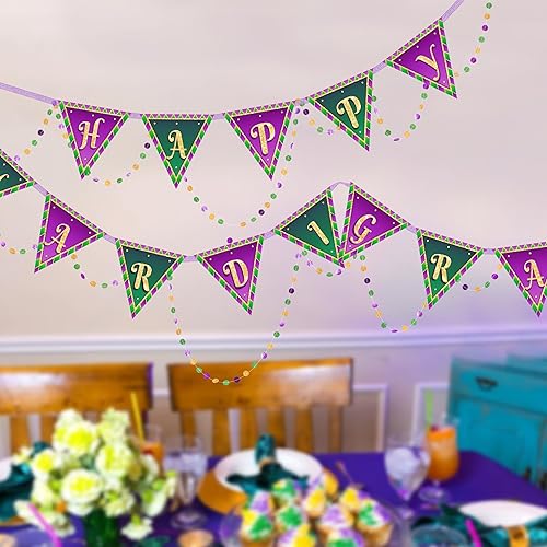 Miniatura 3 de Cheerland Juego de guirnalda de banderines de Mardi Gras y cuentas de papel, banderines triangulares, cuentas verdes, moradas y doradas, 156 pulgadas