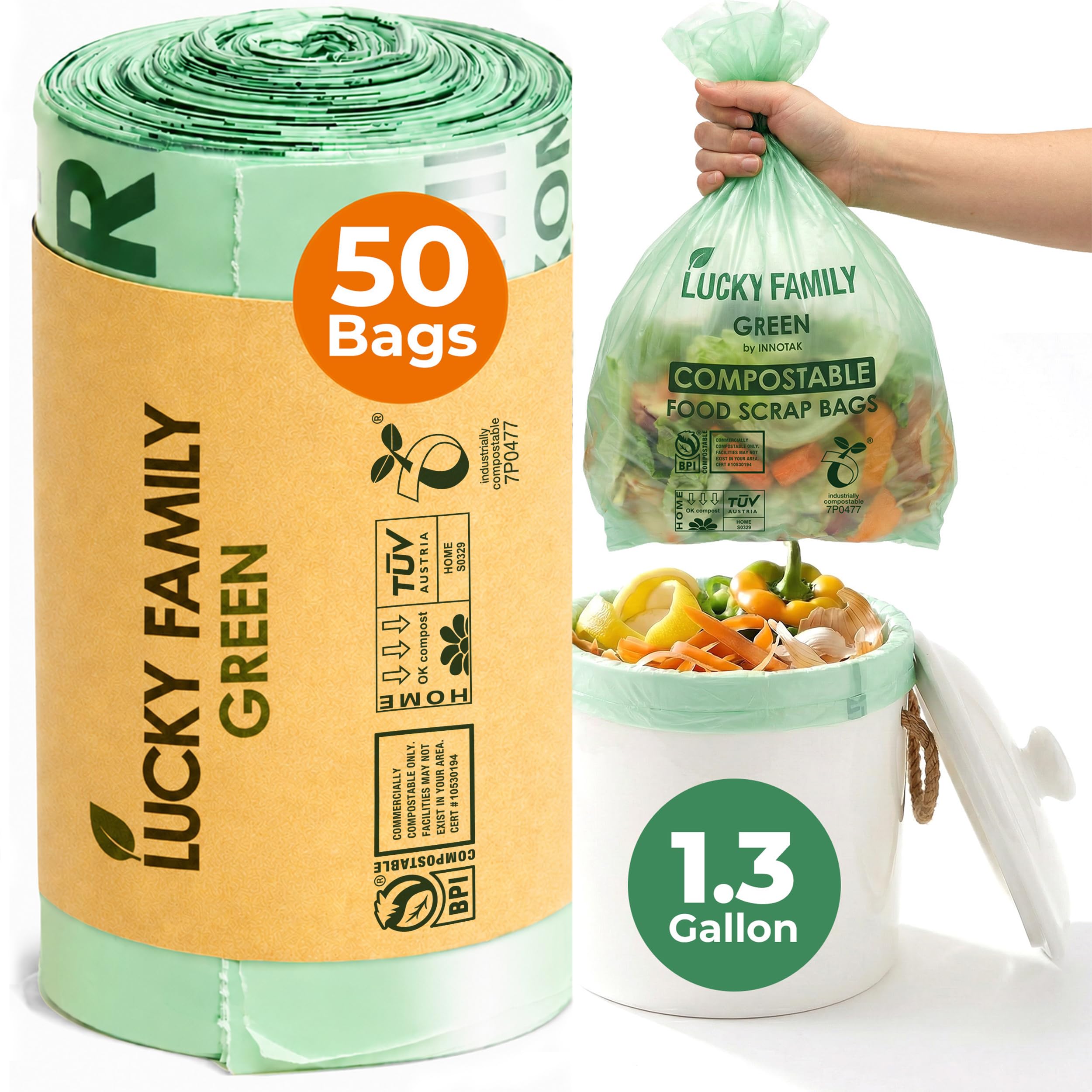 Lucky Family - Bolsas de compostaje verdes para encimera de cocina, 1.3 hasta 1.6 galones, 100% compostable, reciclables, orgánicas, ecológicas, 50 bolsas por rollo