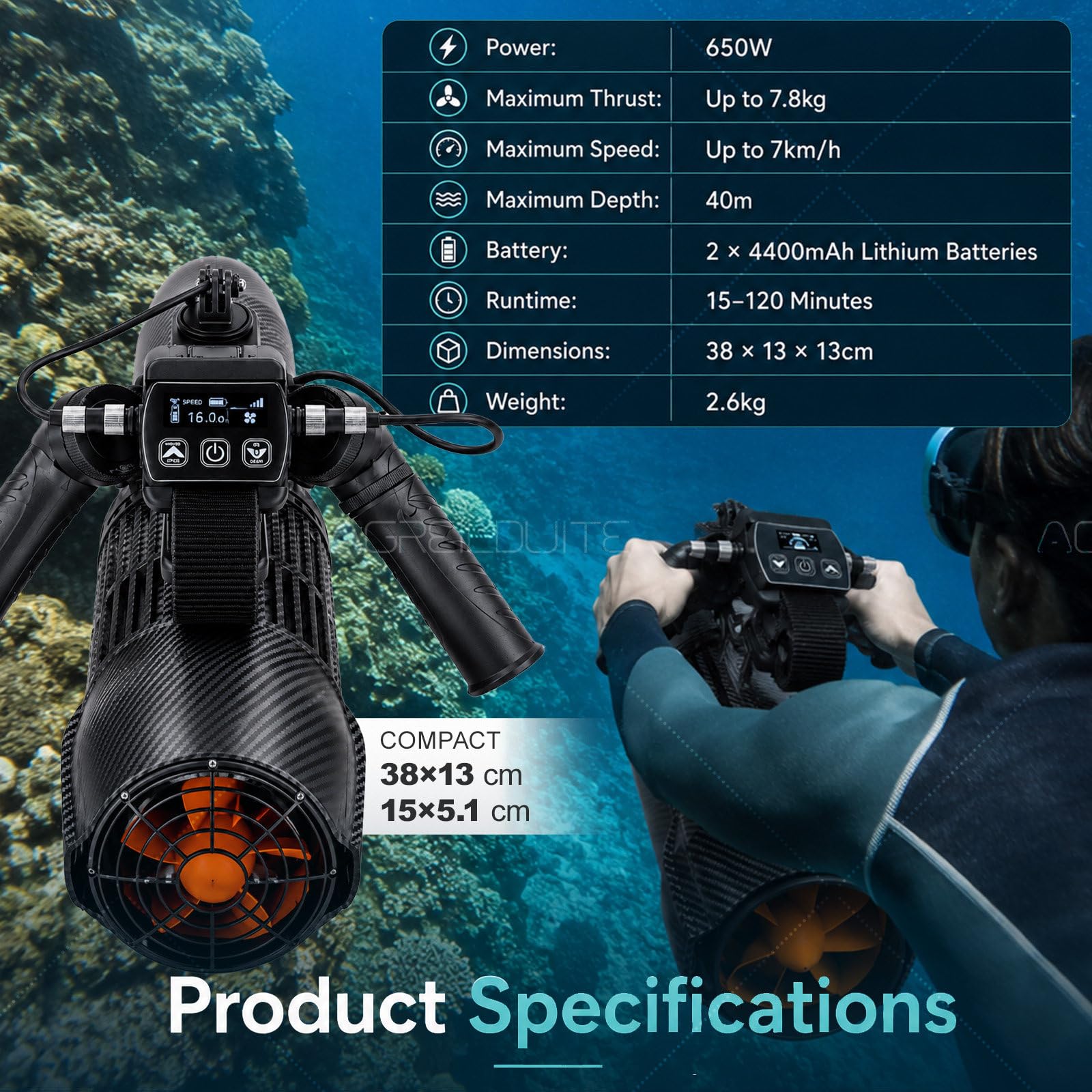 Scooter Subacuático/Propulsor Submarino | Doble Batería De 4400 Mah, hasta 120 Minutos De Autonomía, Velocidad Máx. De 7 Km/H | Compatible con Aletas Eléctricas para Sup