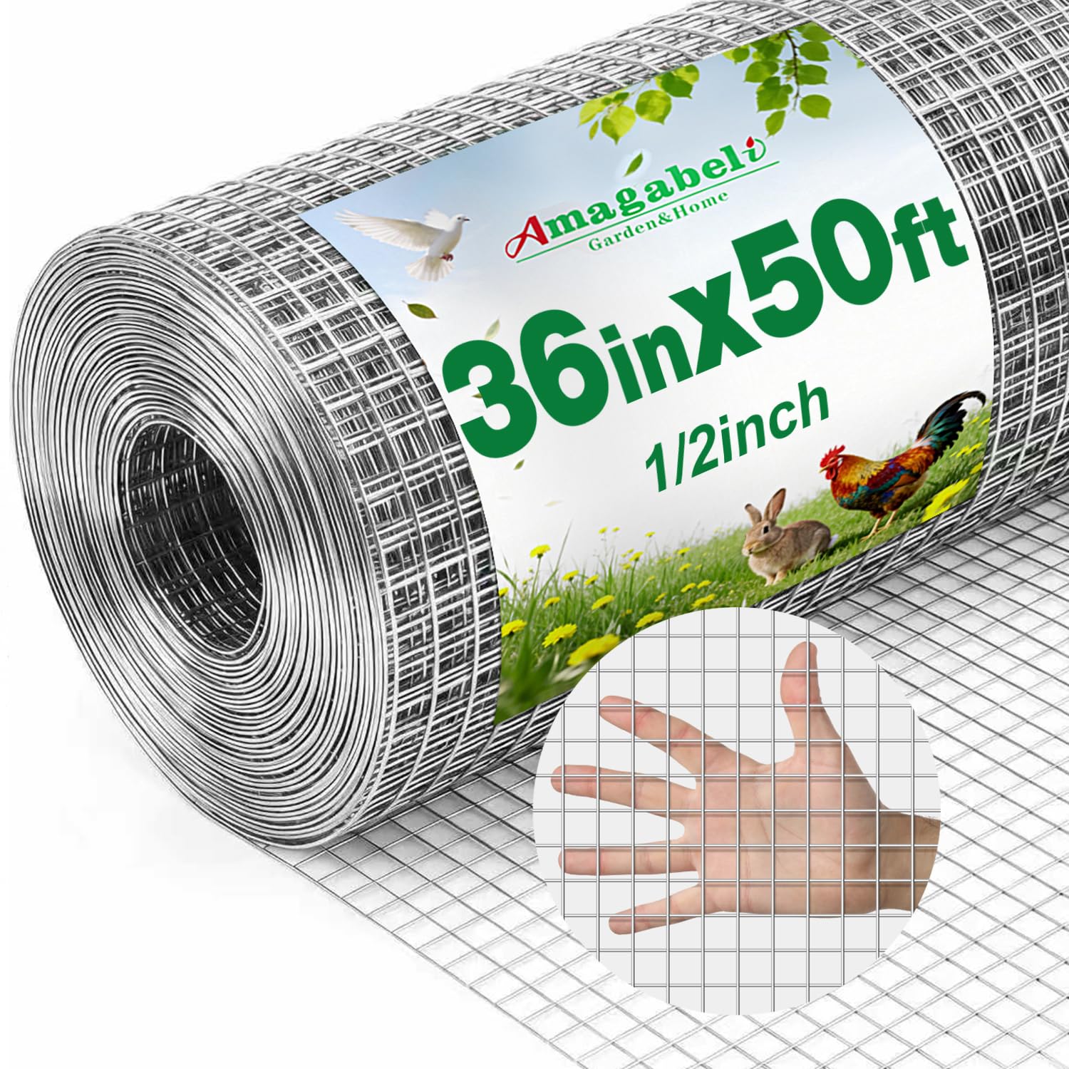 Amagabeli Hardware Cloth 1/2 inch 36 x 50 ft 19 Gauge Chicken Wire Fence Hot-Dipped Galvanized After Welding Wire Mesh Roll for Vegetable Garden Fencing Plant Supports Poultry Cage Snake Gopher