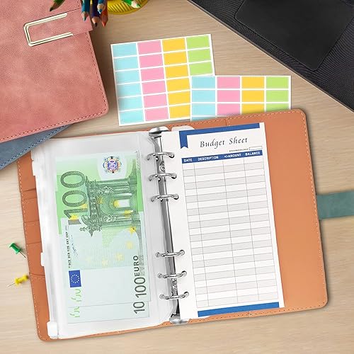 Miniatura 7 de IJIAMY 20 bolsillos para carpeta, tamaño A6, 6 agujeros, con cremallera, sobres para efectivo, carpetas transparentes (A6)