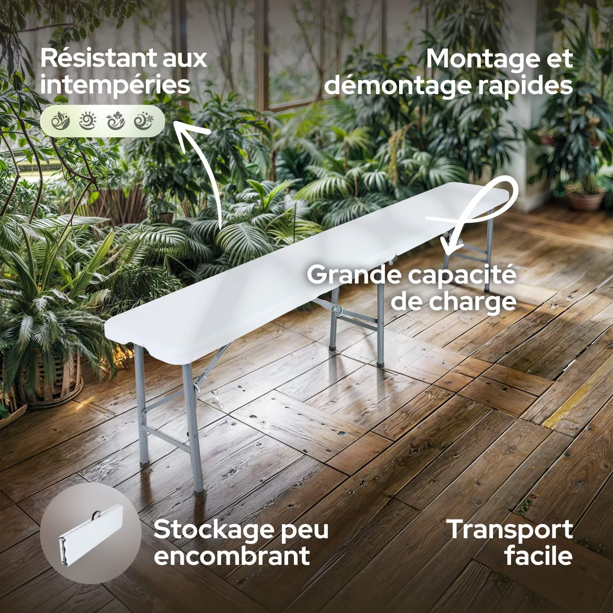 AREBOS Banc de Brasserie Pliable 2X | Bancs pliants 183 x 28 x 43 cm avec poignée de Transport | Banc de Jardin, Camping, fête | Ensemble 2 pièces Robuste | Blanc