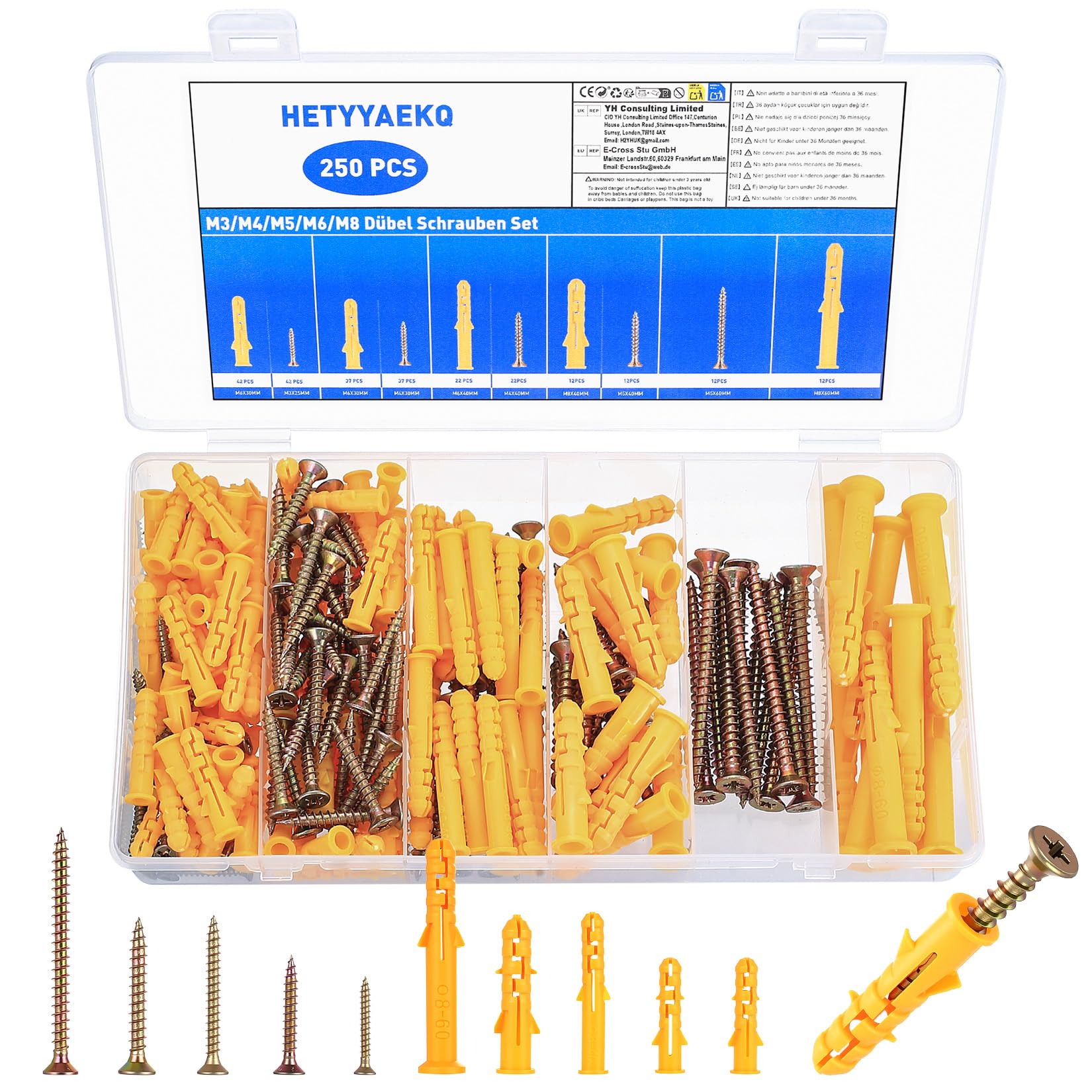 250 Pcs Plasterboard Fixings Screws and Wall Plugs Set, Assorted Plastic Expansion Raw Plugs for Plasterboard Anchors & Self Tapping Masonry Screws for Brick Wall Concrete Screw and Wall Plug Set