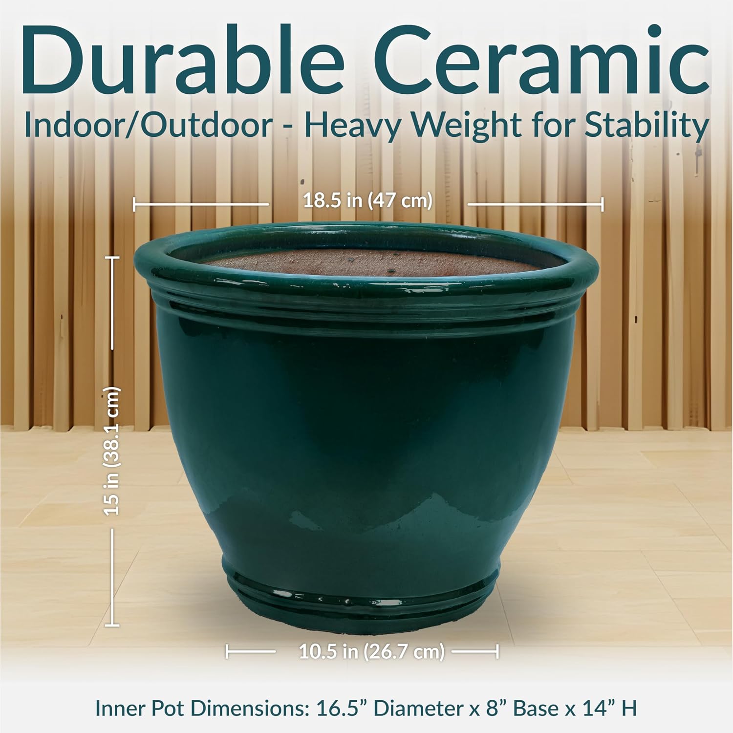 Sunnydaze Large Ceramic Plant Pot - Round Outdoor Glazed Ceramic Planter Pot with Drainage - Studio - Dark Green - 18.5"