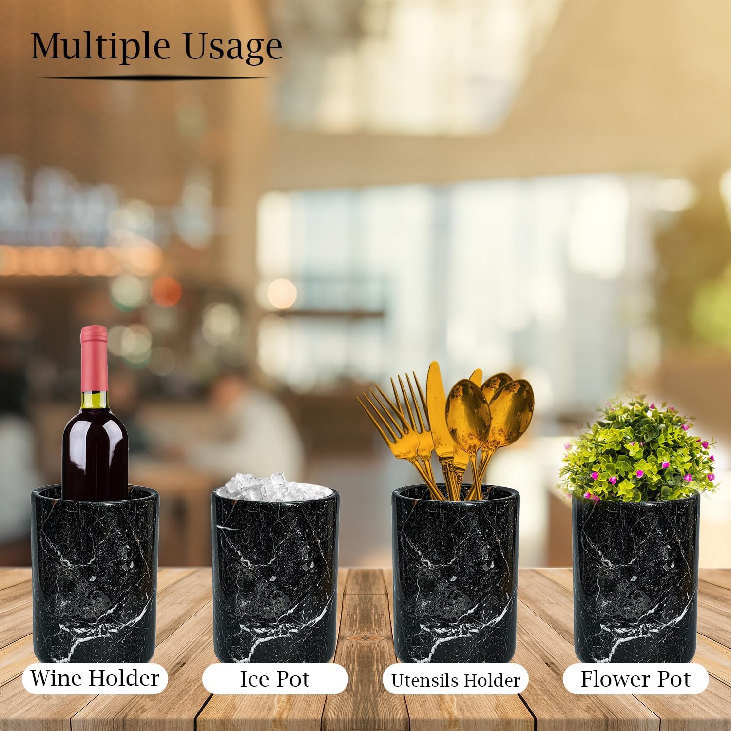 Champagne & Wine Cooler Bucket with Polished Interior – Non-Slip Scratch-Proof Pad, Marble Utensil Holder for Kitchen, Bar & Housewarming Gifts (Black Zebra) - Image 5