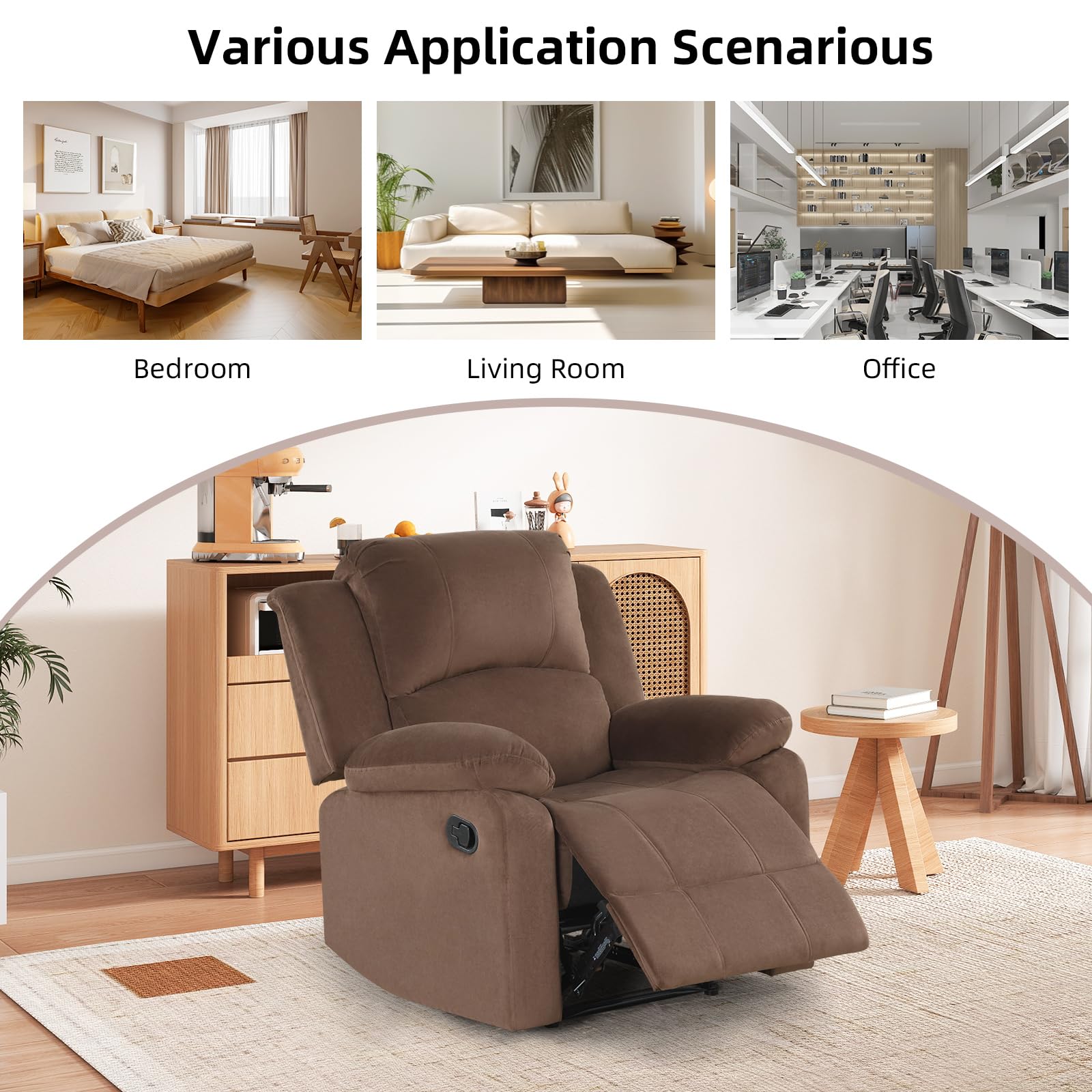 EBELLO Classic Manual Recliner Chair, Soft Microfiber Recliner Sofa with Overstuffed Arms and Back Single Reclining Couch for Living Room, Bedroom, Brown view 6