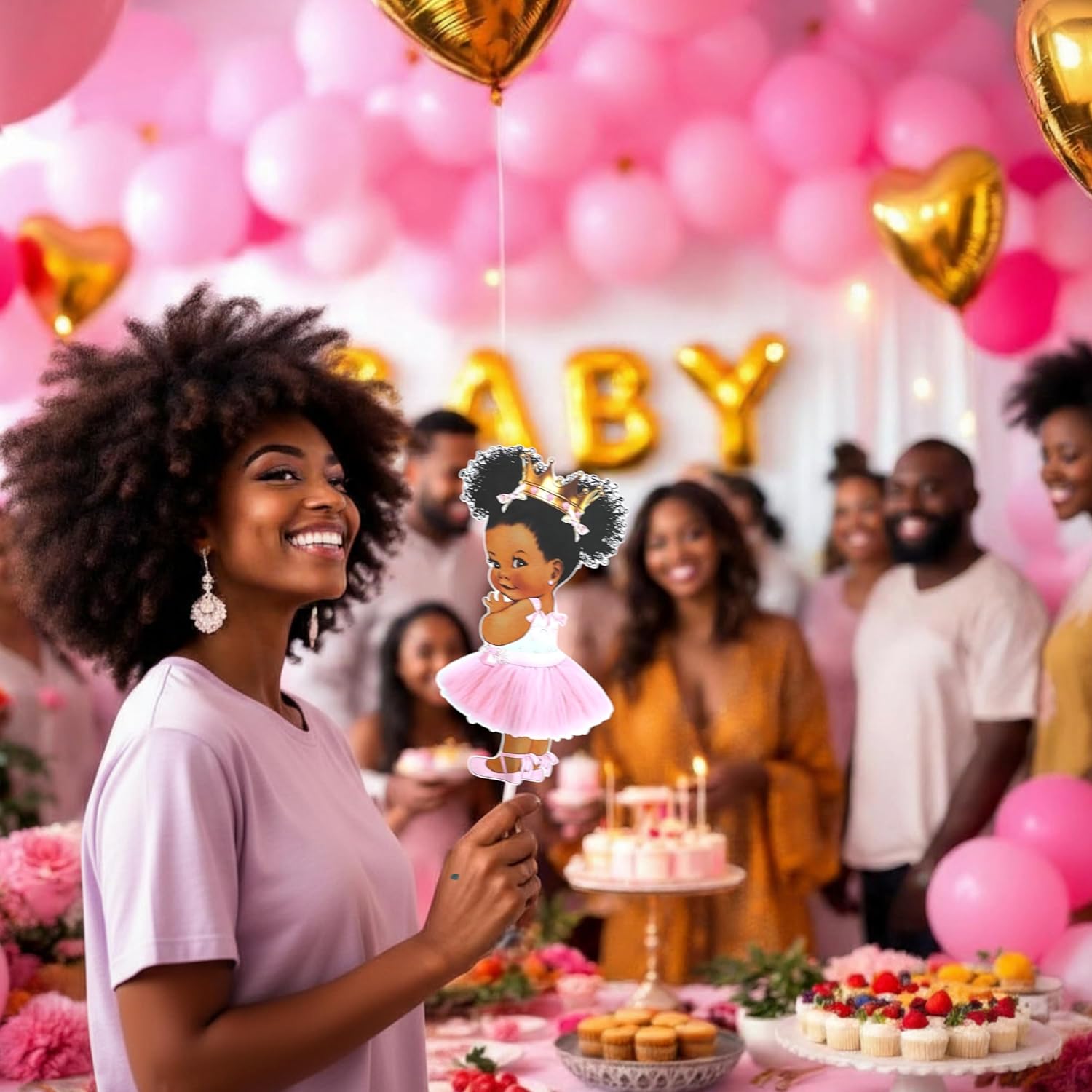 Little Princess Centerpieces Baby Shower Table Decoration 10 inches Pink Gold African American Black Royal Birthday Cake Topper (5)