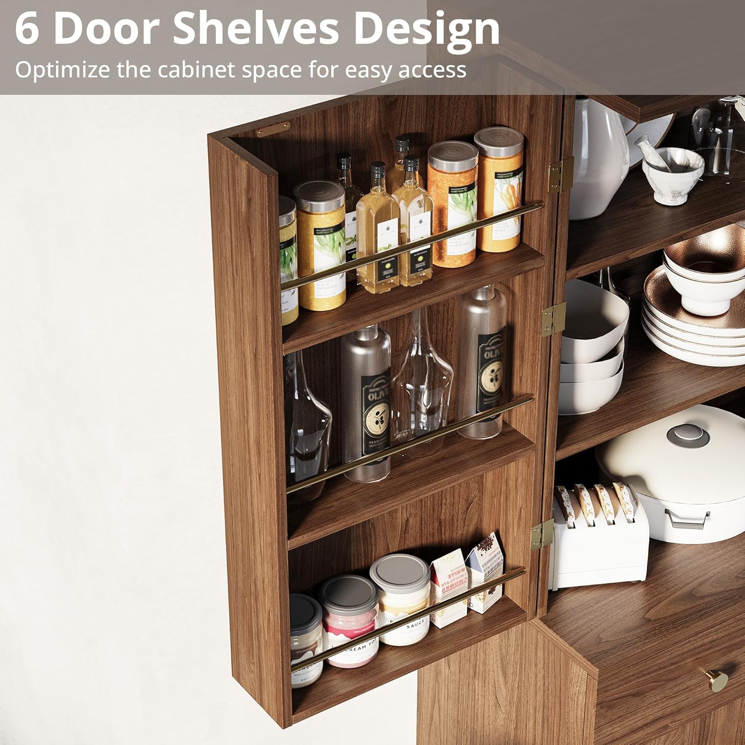 Close-up view of the six door shelves on the interior of the IRONCK pantry cabinet doors, holding bottles, spices, and small jars.