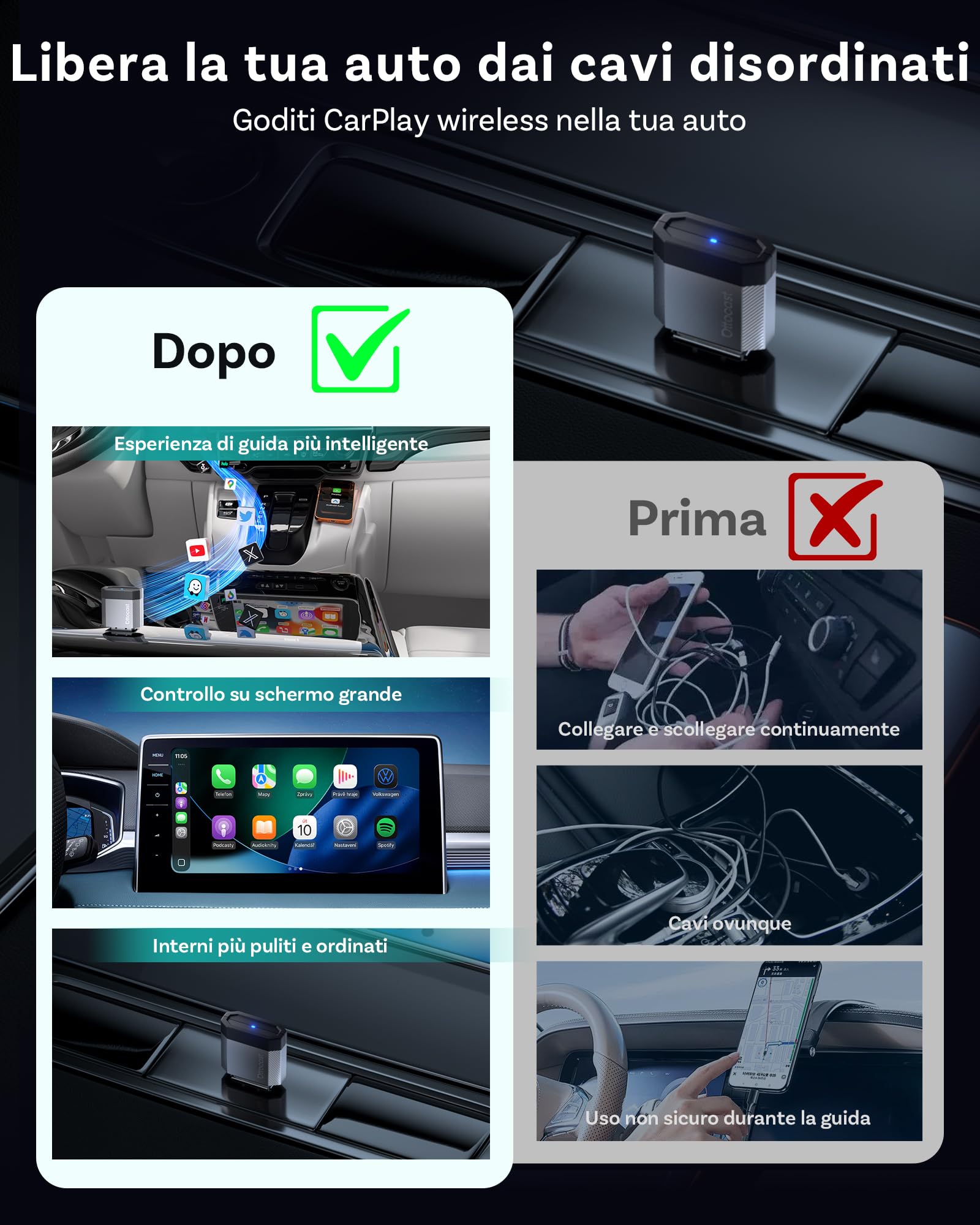 2026 Aggiornato Ottocast Mini Nova, Adattatore CarPlay e Android Auto Wireless, USB Plug & Play, Connessione Automatica, Design Compatto in Alluminio, Connessione Stabile Dual Band