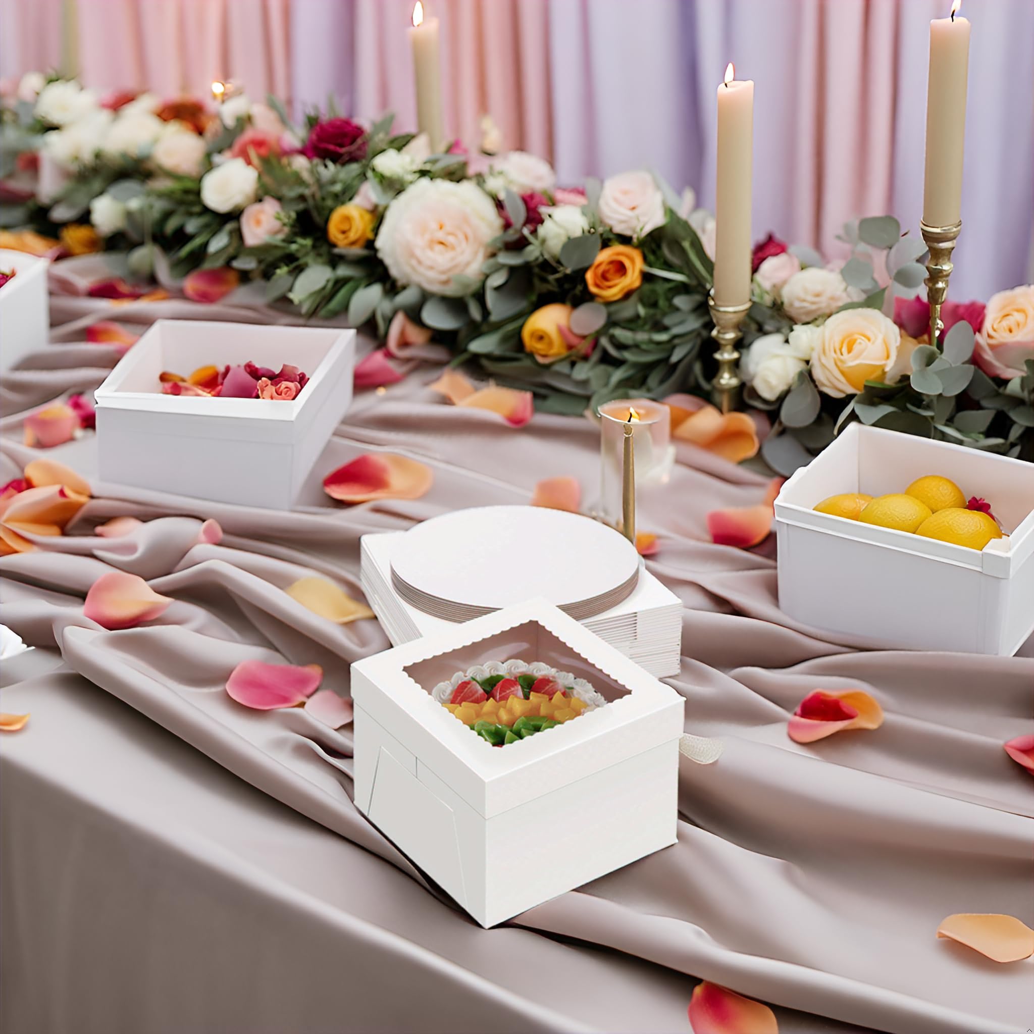 Paquete de 10 cajas para tartas de 12 pulgadas de alto con tablas para tartas (10 cajas y 10 tablas), cajas de panadería blancas de 12 x 12 x 8 pulgadas con ventana para chocolates, cajas de