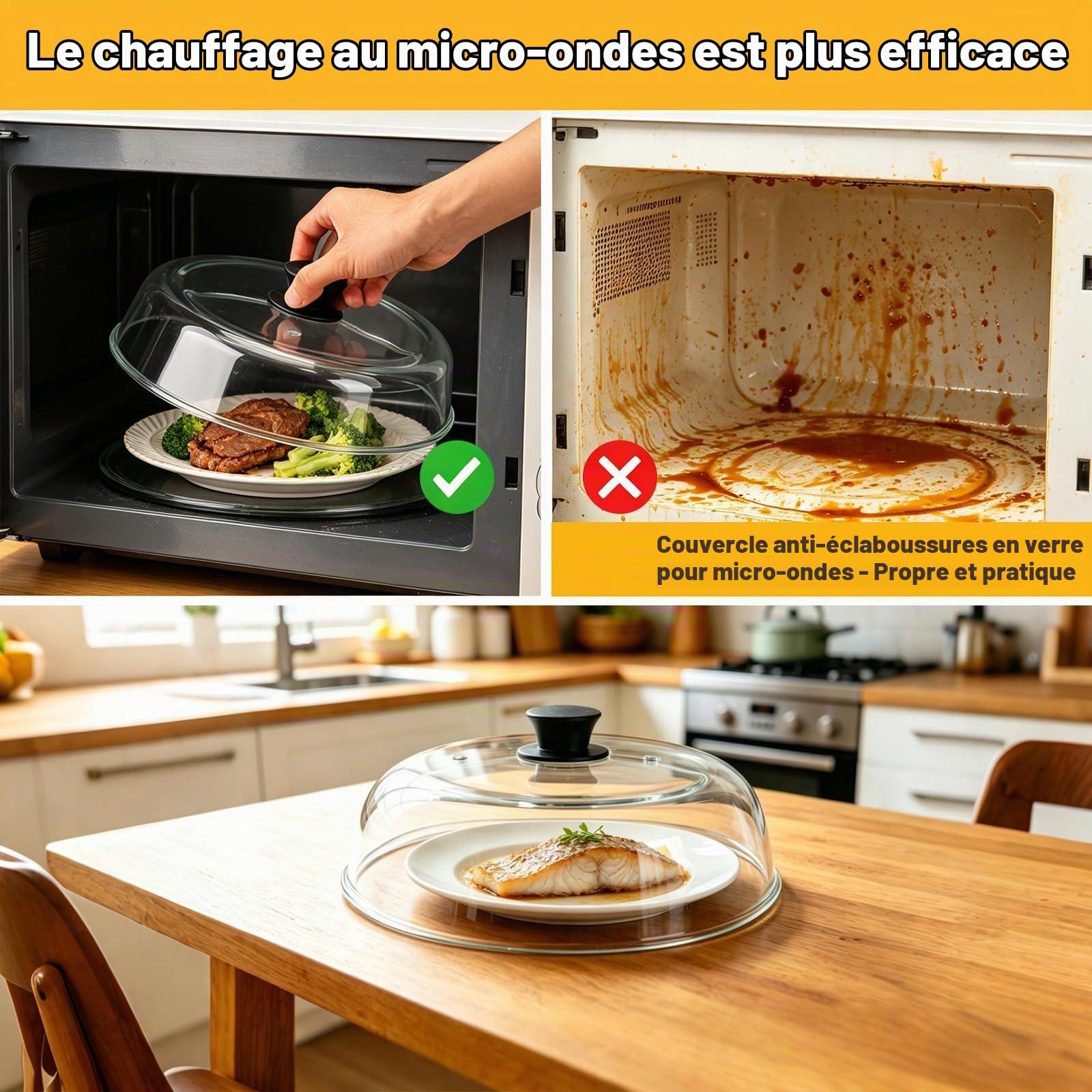 10in Cloche Micro Onde Verre, Couvercle Micro-Ondes En Verre Borosilicaté, Sans Bpa, Avec Trou D'aération, Compatible Lave-Vaisselle, Convient Aux Cuisines Et Aux Bureaux