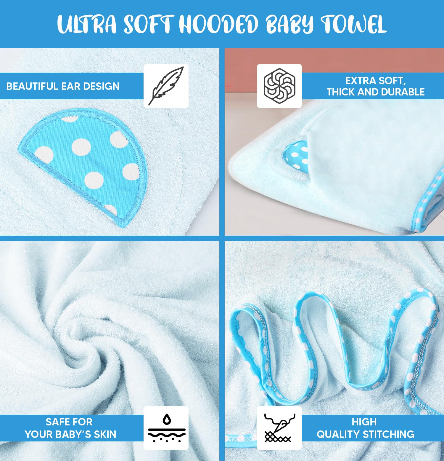 Hikyskin Set of 2 Bamboo Hooded Baby Towels – Luxurious, Large and Super Absorbent – 30 x 30 Inch – Soft and Suitable for Infants, Toddlers and Kids – 400 gsm (Blue)