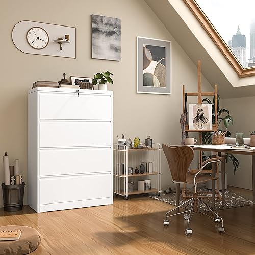 Miniatura 7 de INTERGREAT Archivador lateral de 4 cajones, archivador lateral blanco con cerradura, archivadores horizontales de acero metálico para oficina en