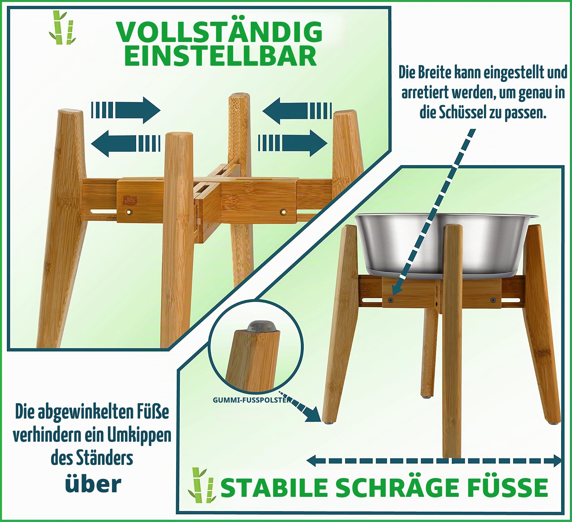 Verstellbarer Hundenapfständer – erhöhter, erhöhter Futternapfhalter – Breite (ausziehbar 17,8-25,4 cm) – natürlicher Bambus