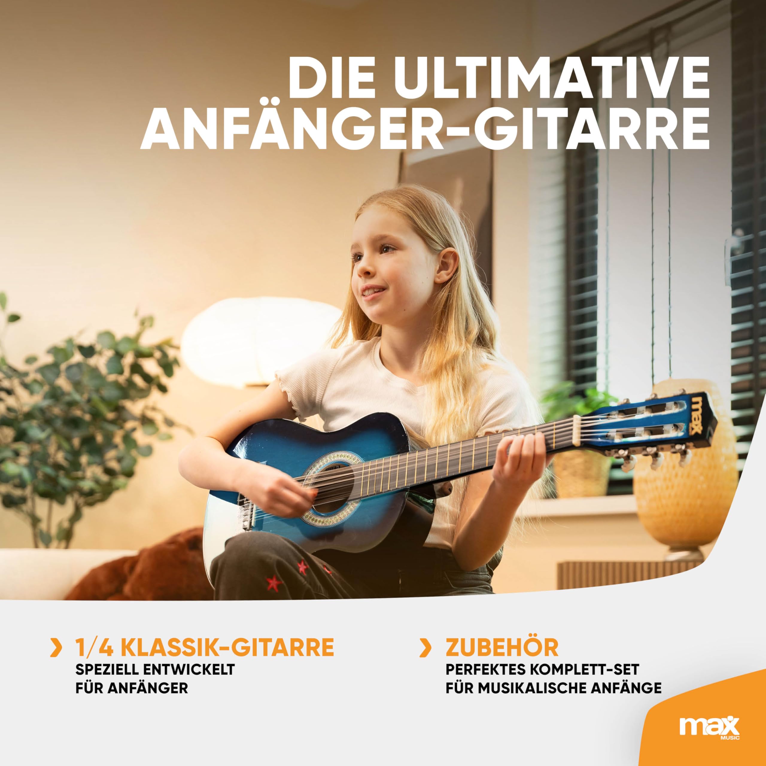MAX SoloArt - 1/4 Gitarre Kinder ab 3 Jahre - Akustik Gitarre inkl. Gitarrenständer, Tasche, Plektrum, Gurt und Saiten-Zubehör, Kindergitarre 3 Jahre - Guitar in Blau