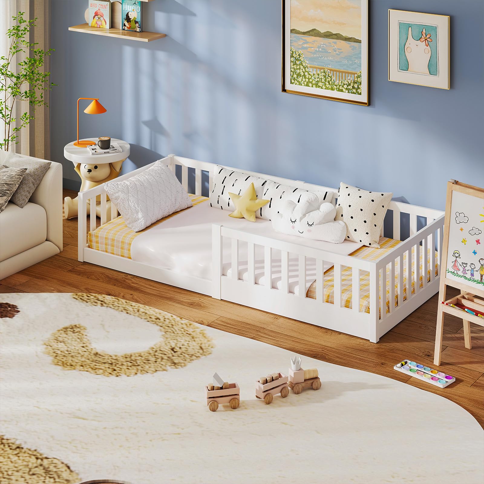 labebe Kinder-Bodenbett 90 x 200, weißes Massivholz-Montessori-Bett mit Sicherheitsgeländer und Lattenrost (Matratze Nicht im Lieferumfang enthalten) Geeignet für Kinder und Babys