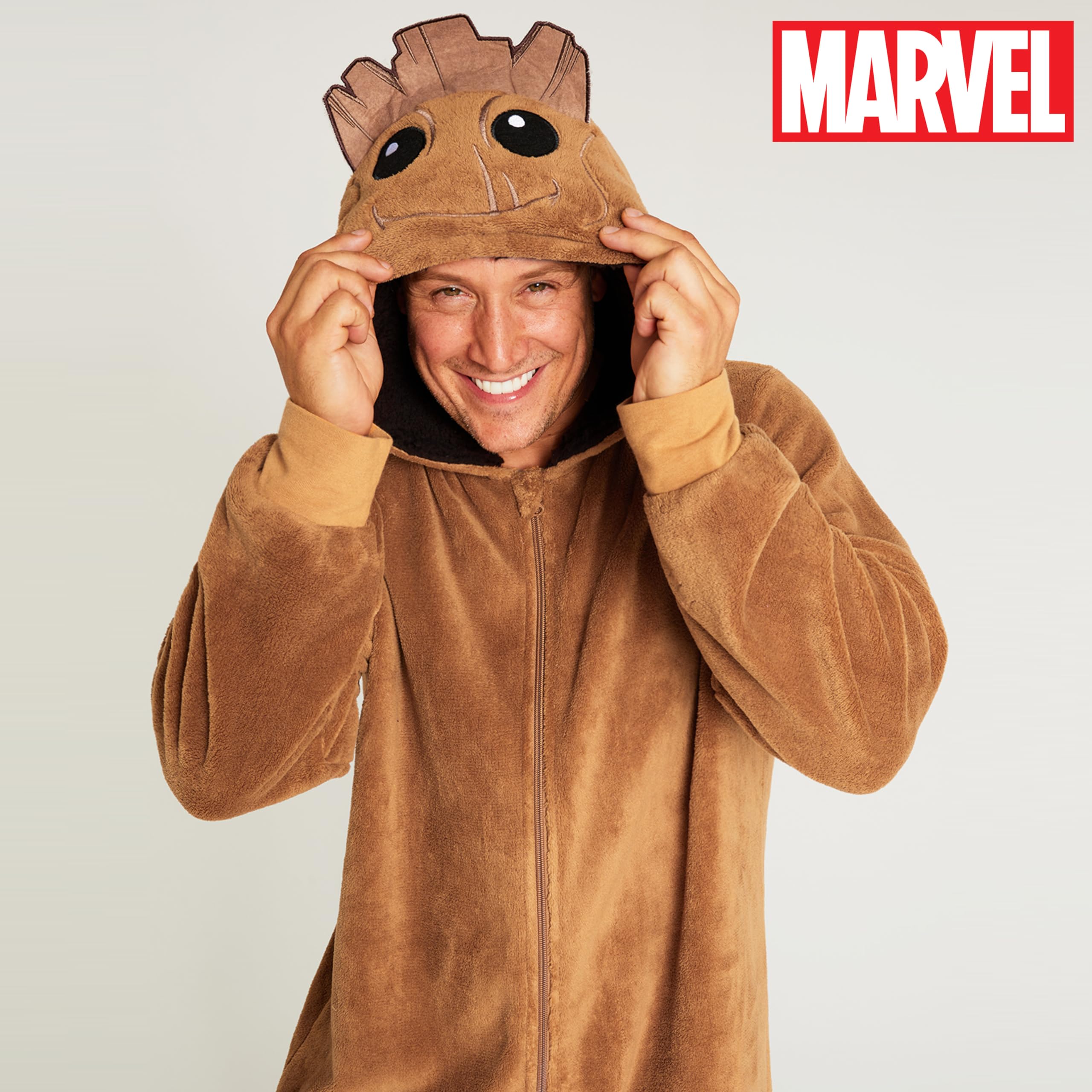 Marvel Męski kombinezon piżamowy - Polarowy kombinezon dla dorosłych - Onesie dla dorosłych humorystyczny nastolatek Groot Avengers S - XXXL, Brązowy, XXL