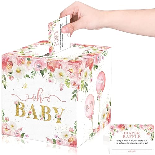50 boletos florales para rifas de pañales con caja de tarjetas de rifa de pañales caja de soporte de baby shower decoraciones florales para baby